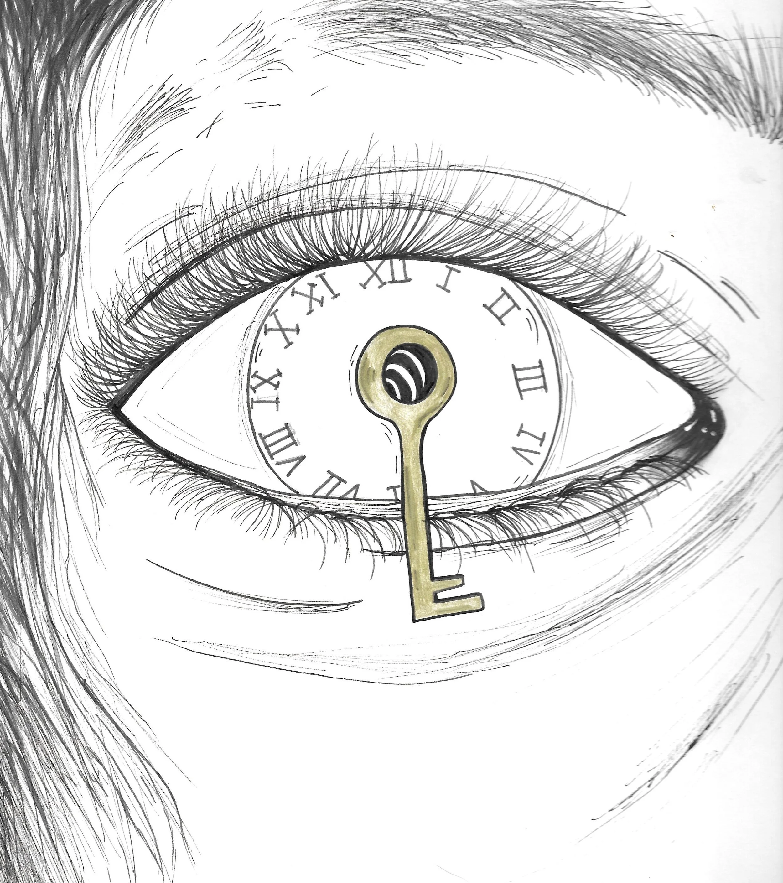 Echoes of Time, 2019, Pen & Ink, 10" x 10" (25.4cm x 25.4cm) canvas size.- In Echoes of Time, a poignant pen and ink drawing captures the essence of struggle and resilience through the upper left side of a woman's face. The intricate details reveal a