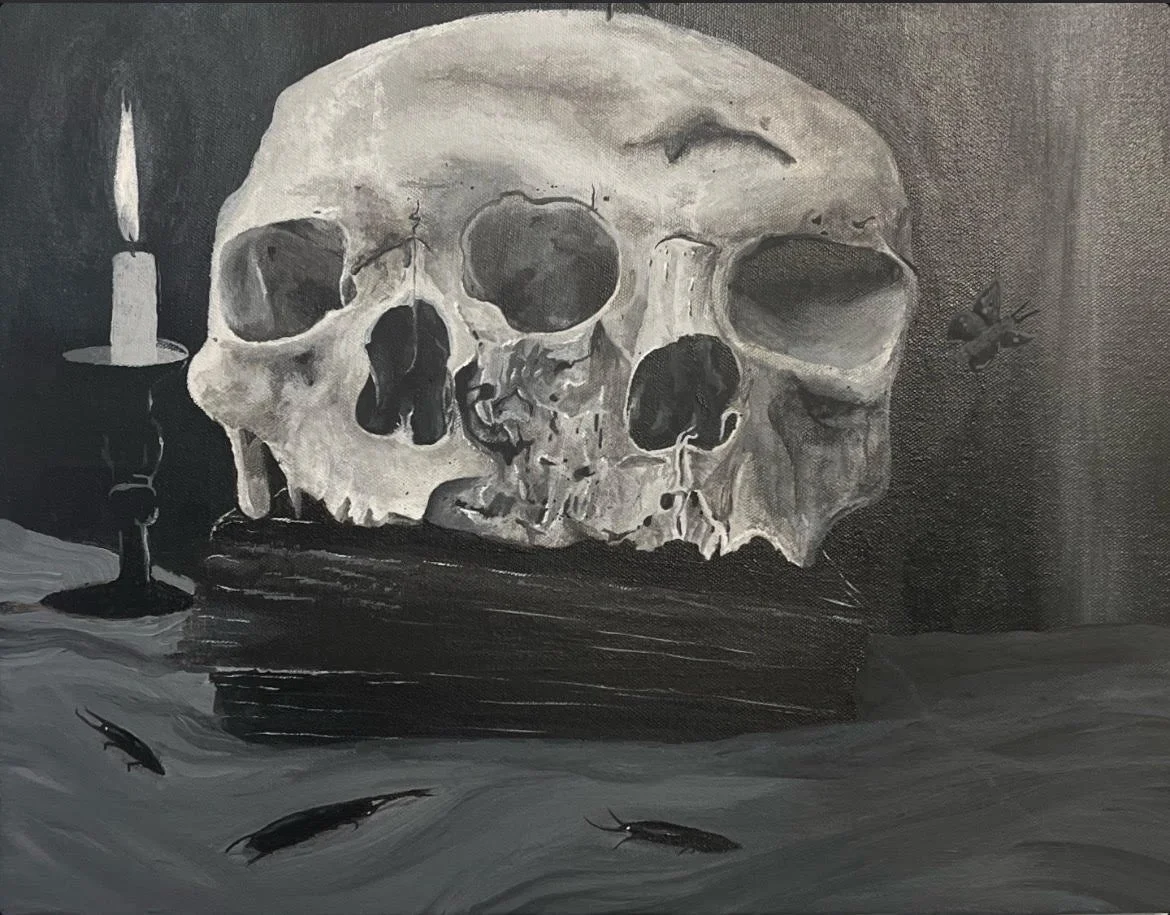 The Triad of Perception, 2023, Acrylic Paint, 18in x 14in Canvas.- The Triad of Perception, a captivating painting on canvas that fuses dark surrealism with profound symbolism. At the center of this striking piece lies a human skull, intriguingly ado
