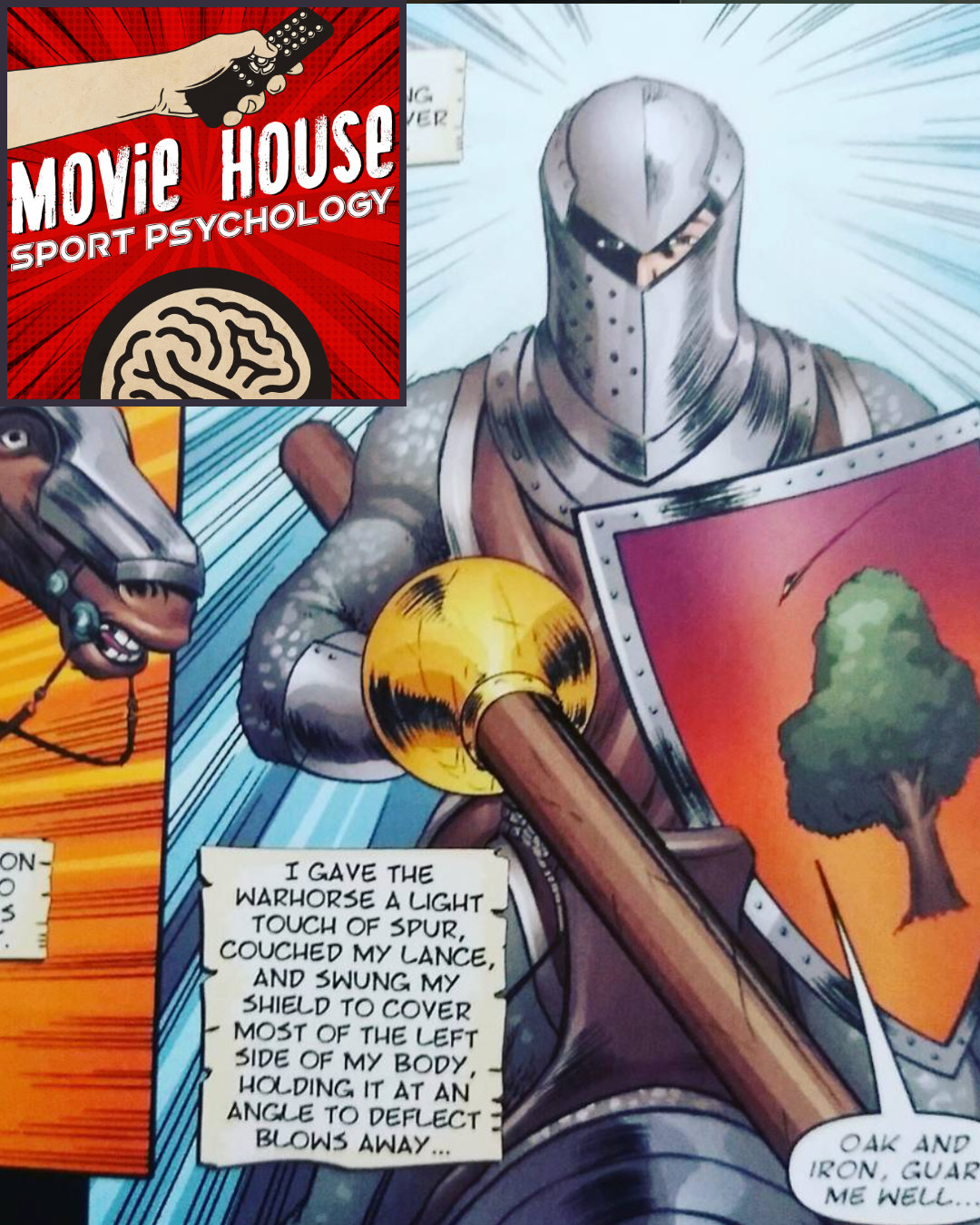 Illustrated knight in full armor charging with lance and shield during a joust, comic-style art from The Hedge Knight. A Movie House Sport Psychology logo appears in the corner.