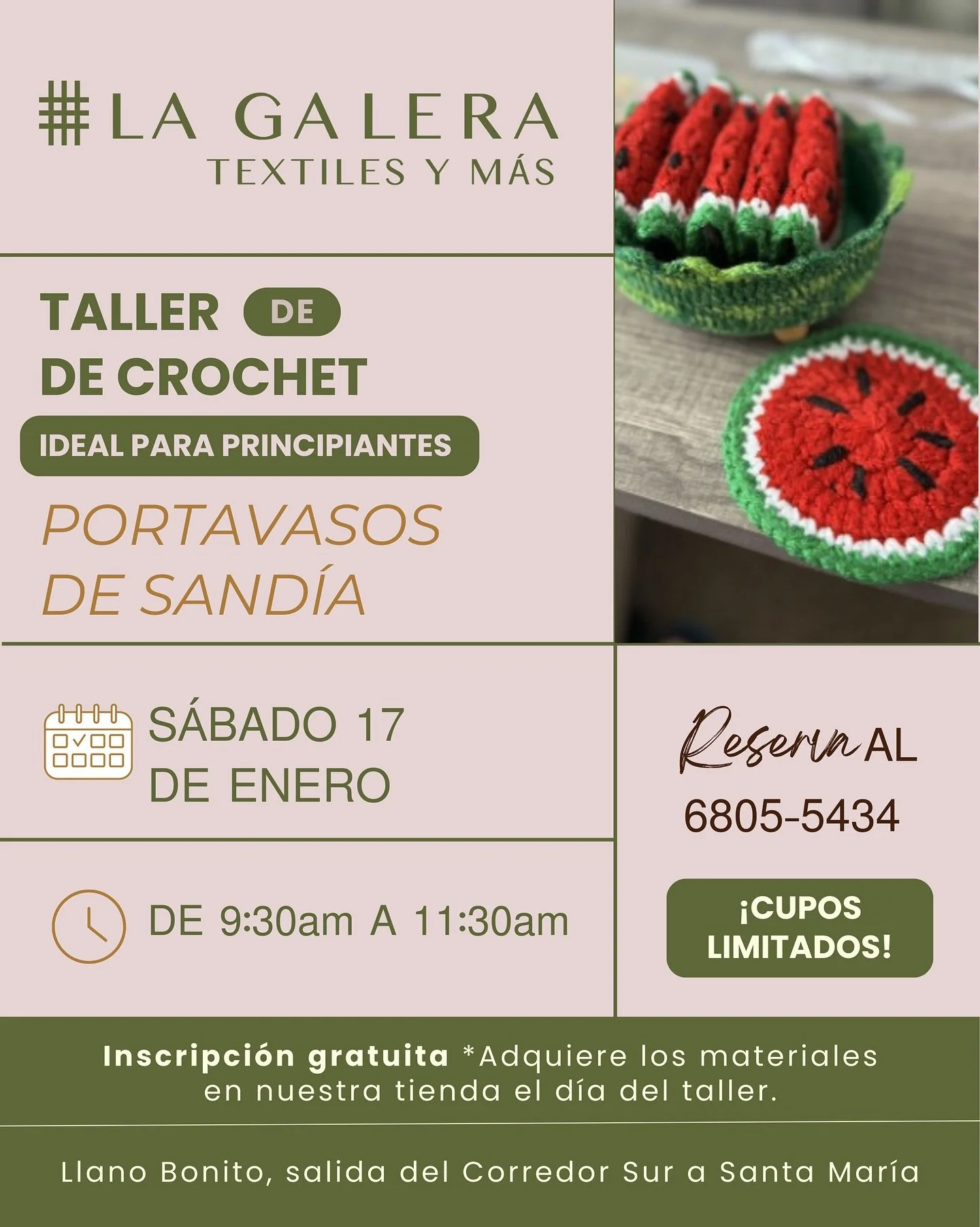 &iexcl;Aprende crochet desde cero y crea algo divertido! 🧶🍉 enuestro Taller de Portavasos de Sand&iacute;a, ideal para principiantes con Jackeline de Rodriguez.

Perfecto para iniciarte en el crochet y llevarte un proyecto terminado.

📅 S&aacute;b