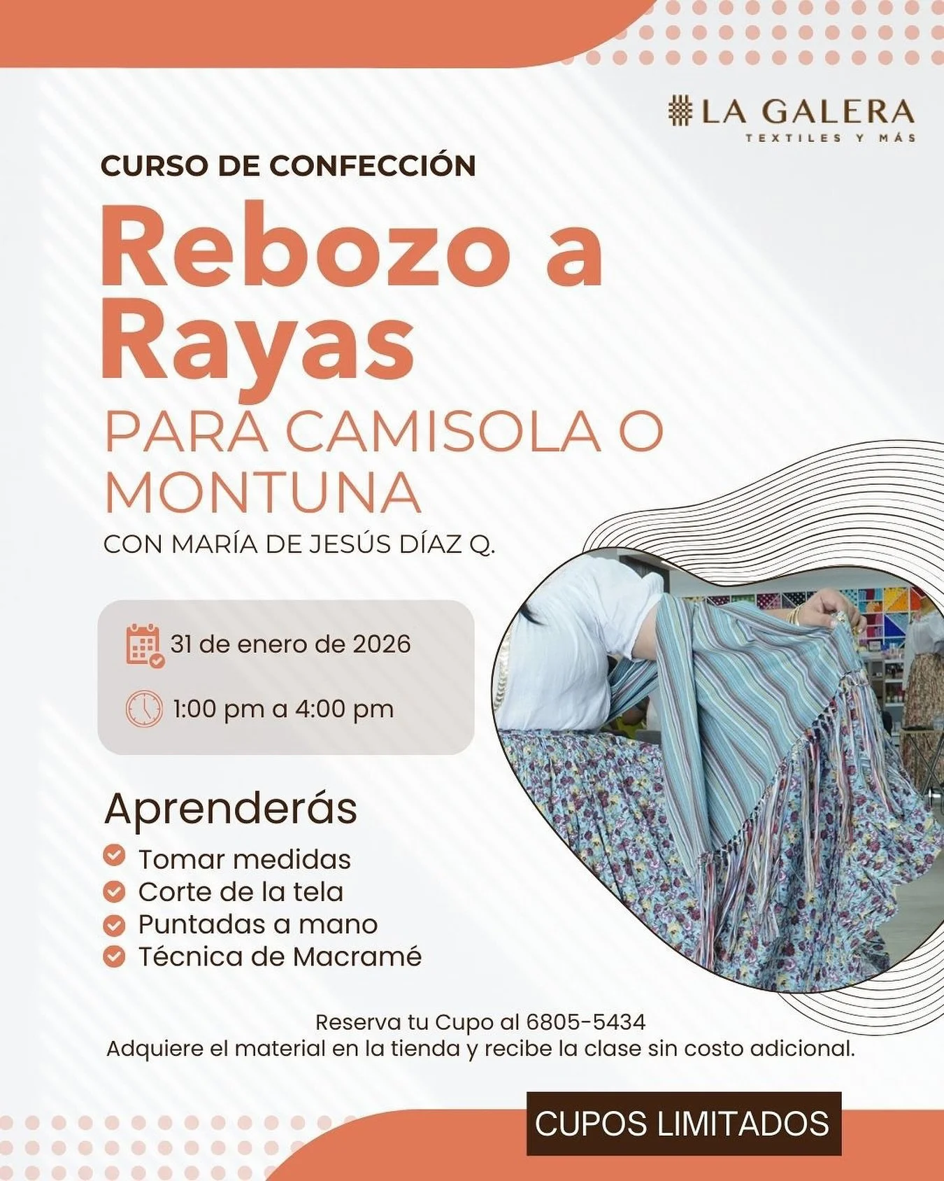 Aprende una t&eacute;cnica tradicional y ll&eacute;vala a tus creaciones con @mariadejesusdiazq ✂️.

Te invitamos a nuestro Curso de Confecci&oacute;n: Rebozo a Rayas, donde aprender&aacute;s desde la toma de medidas hasta la t&eacute;cnica de macram