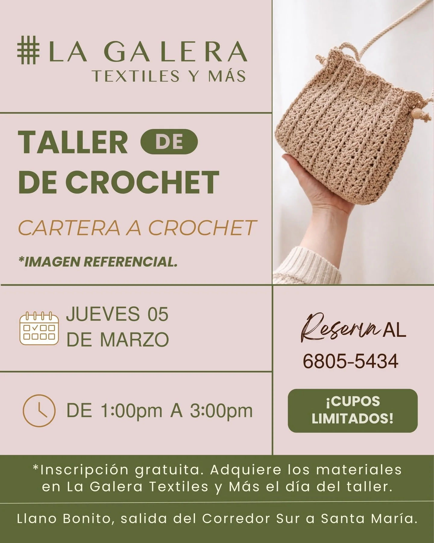 Aprende a crear tu propia cartera a crochet 🧶. Te esperamos en nuestro Taller de Crochet este jueves 05 de marzo, de 1:00pm a 3:00pm.

📍 Llano Bonito. A la altura de Santa Maria. 

📲 Inscripci&oacute;n gratuita (materiales disponibles el d&iacute;