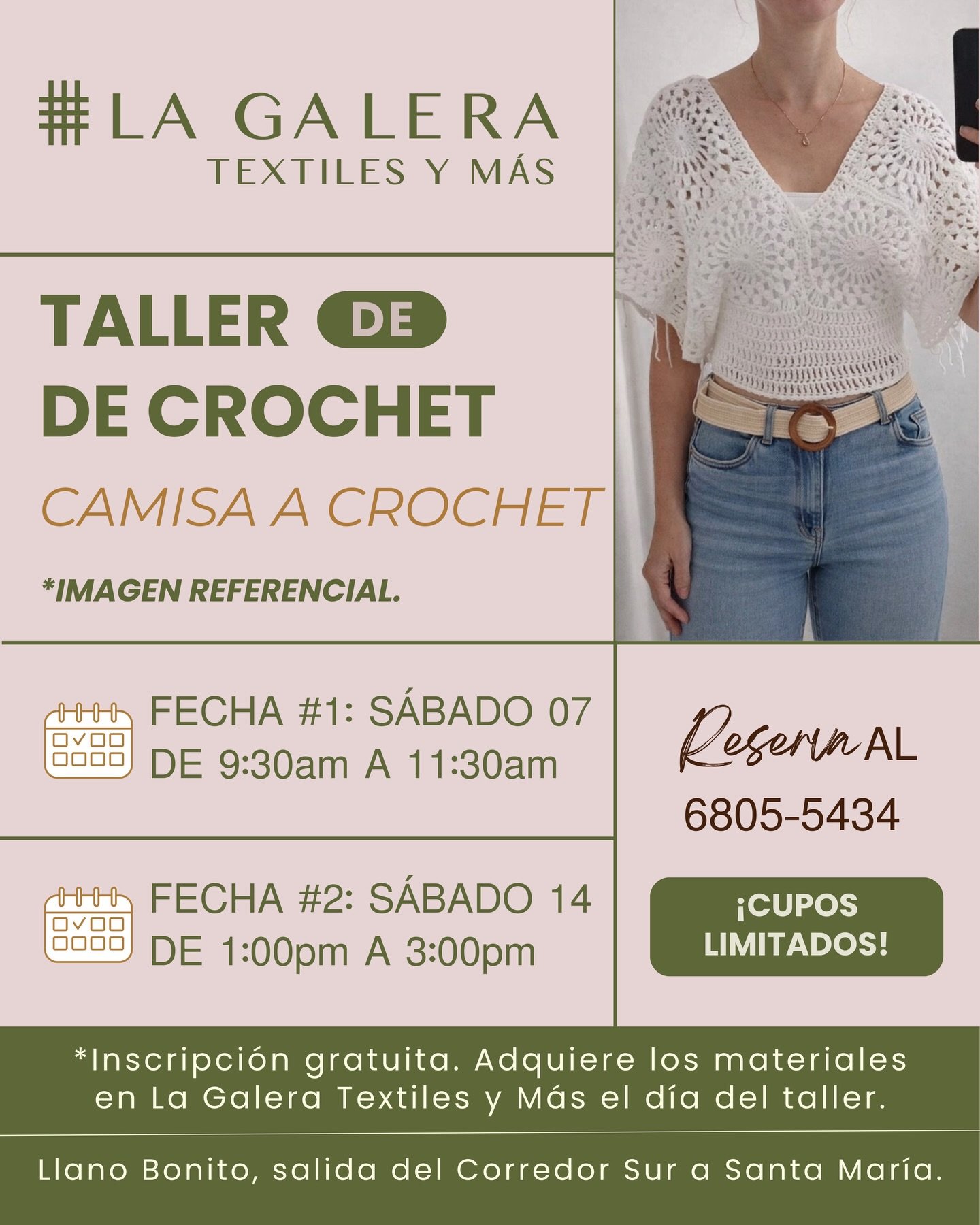 Aprende a tejer esta hermosa camisa a crochet en nuestro taller guiado en La Galera Textiles y M&aacute;s. 💚

📲 Reserva tu espacio al 6805-5434. 
Inscripci&oacute;n gratuita | Cupos limitados. 

#LaGaleraTextiles #TallerDeCrochet #HechoAMano #Croch