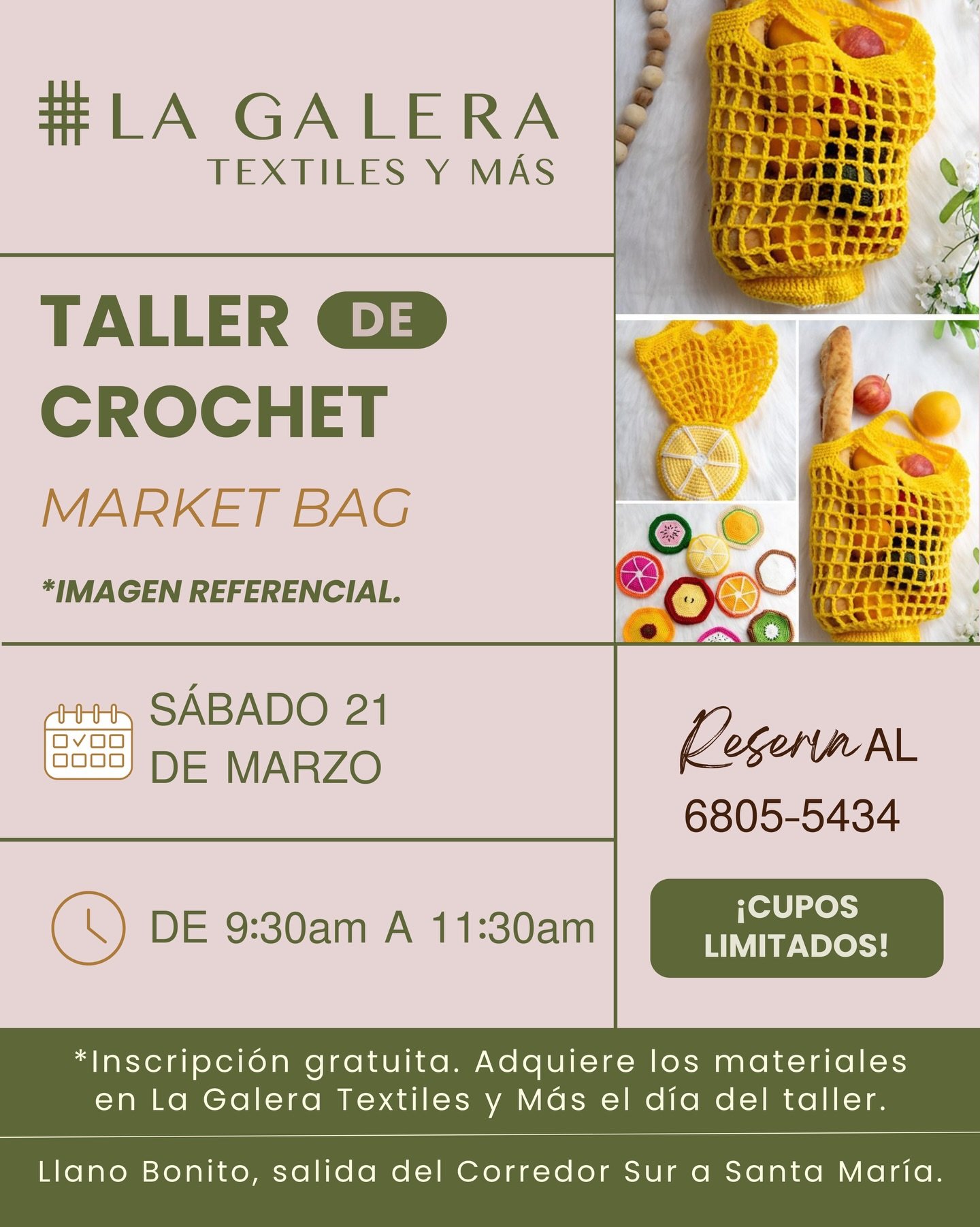 Te invitamos a nuestro Taller de Crochet donde crear&aacute;s una hermosa bolsa reutilizable, perfecta para el mercado, la playa o tu d&iacute;a a d&iacute;a. 🌿

📅 S&aacute;bado 21 de marzo
⏰ 9:30 a.m. &ndash; 11:30 a.m.

💚 Inscripci&oacute;n grat