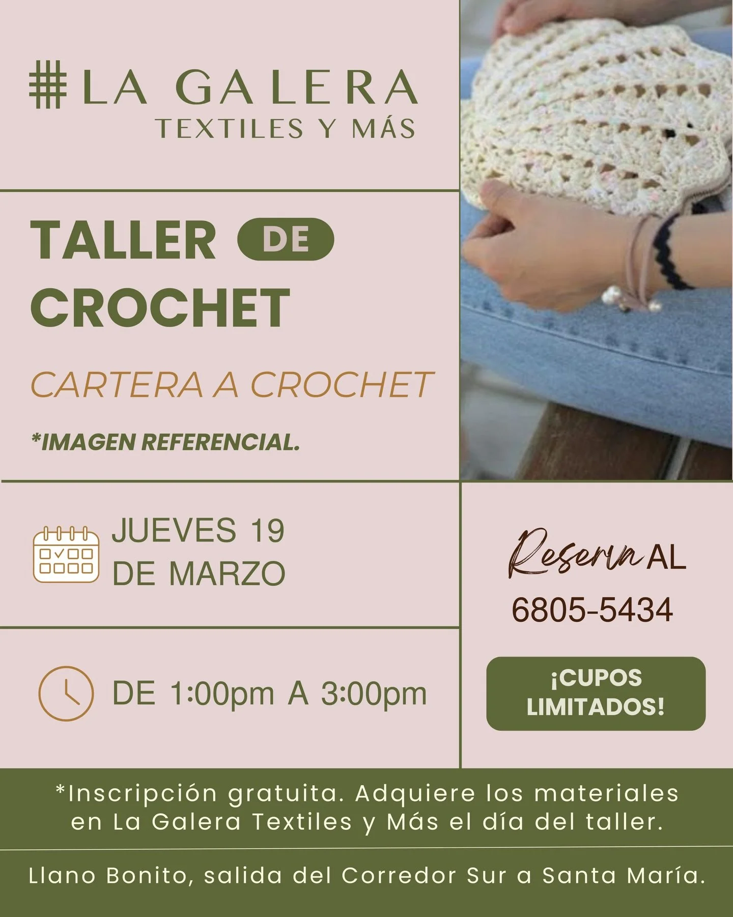 Acomp&aacute;&ntilde;anos en nuestro Taller de Crochet y aprende a tejer una hermosa cartera hecha a mano, perfecta para complementar tu estilo. 💚

📅 Jueves 19 de marzo
⏰ 1:00 p.m. &ndash; 3:00 p.m.

💚 Inscripci&oacute;n gratuita
Los materiales po