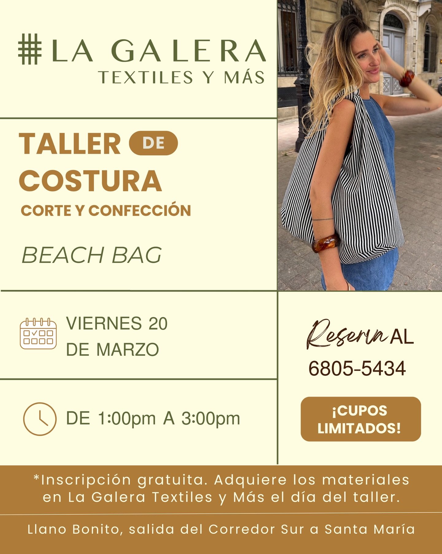 🧵✨ &iexcl;Aprende a crear tu propia Beach Bag! Te invitamos a nuestro Taller de Costura: Corte y Confecci&oacute;n, donde aprender&aacute;s a confeccionar una pr&aacute;ctica y elegante bolsa de playa paso a paso. Perfecta para tus d&iacute;as de so