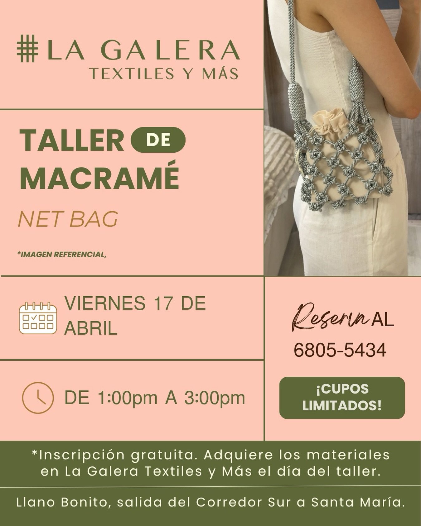 Un plan diferente, creativo y con estilo 🤍 Ven a nuestro taller de macram&eacute; y crea un bolso &uacute;nico hecho por ti.

Inscripci&oacute;n gratuita 🤩 (materiales se adquieren el d&iacute;a del taller).

Reserva tu cupo al 6805-5434 📲.