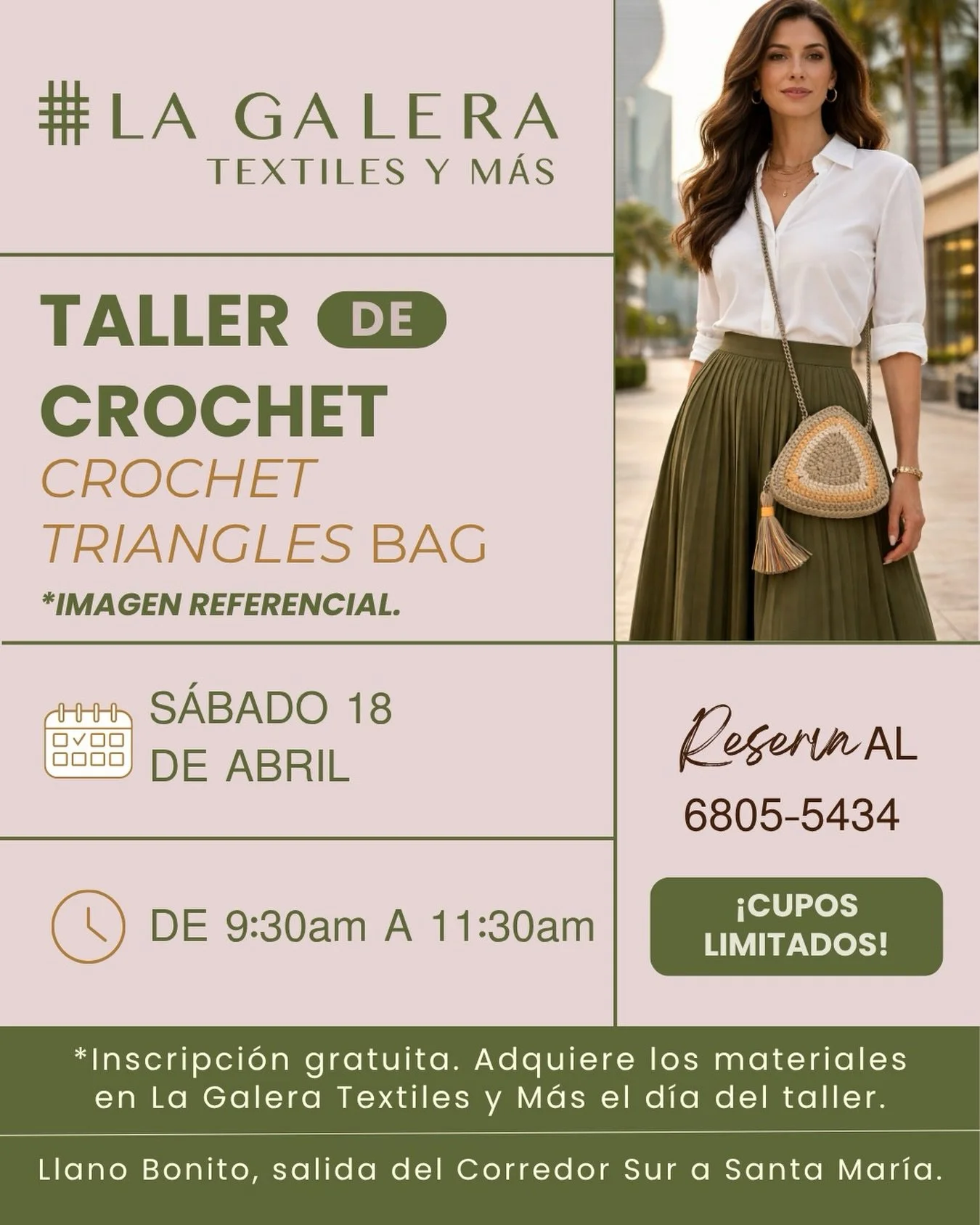 Dise&ntilde;a, crea y lleva tu estilo contigo ✨
En nuestro taller de crochet aprender&aacute;s a hacer este triangle bag paso a paso.

📍 La Galera Textiles y M&aacute;s
🗓 S&aacute;bado 18 de abril
🕐 9:30 am &ndash; 11:30 am

&iexcl;Cupos limitados