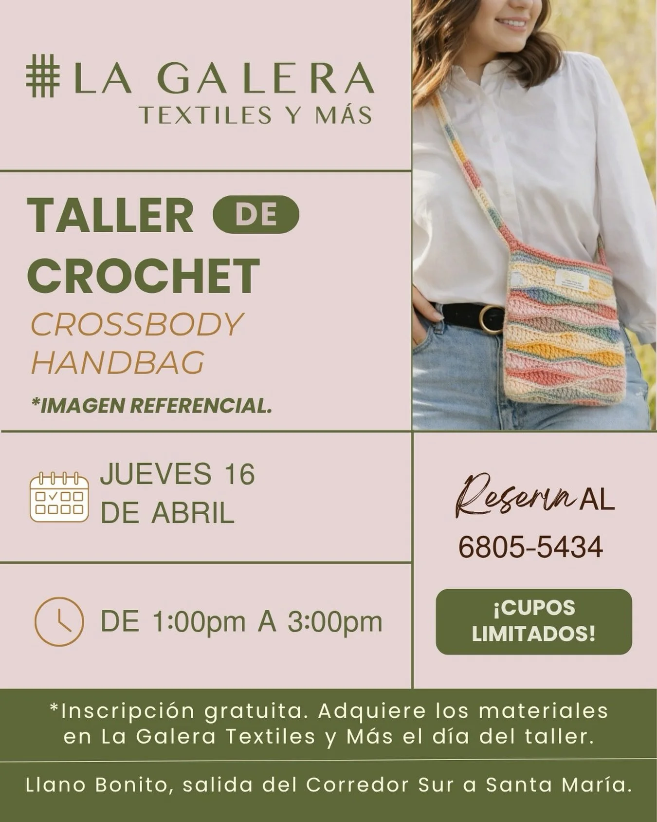 Crea tu propio bolso paso a paso 🧶✨
En nuestro taller de crochet aprender&aacute;s a hacer este crossbody handbag desde cero.

📍 La Galera Textiles y M&aacute;s
🗓 Jueves 16 de abril
🕐 1:00 pm &ndash; 3:00 pm

&iexcl;Cupos limitados! Reserva al 68