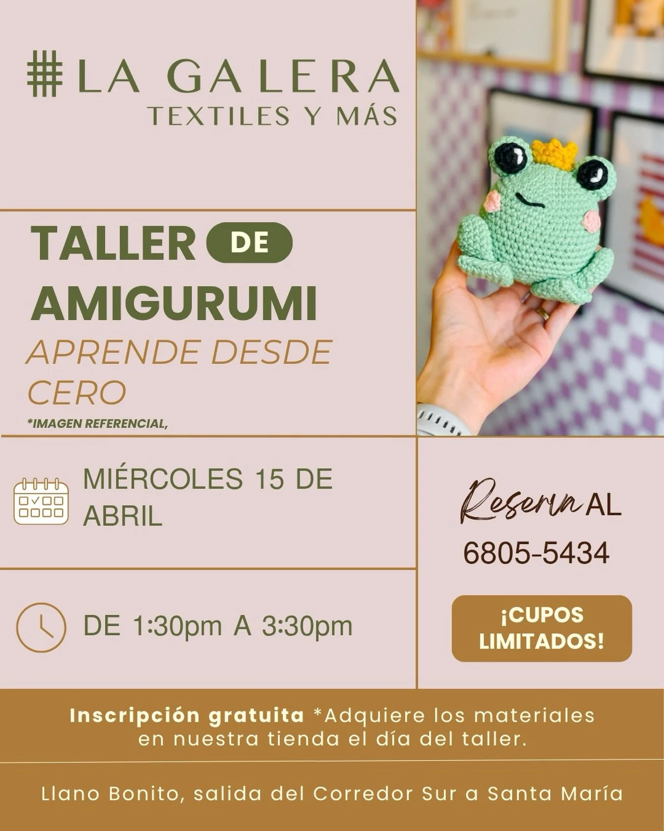 Empieza desde cero y crea algo incre&iacute;ble 🧶✨ En nuestro taller de amigurumi aprender&aacute;s paso a paso a darle vida a tus propias creaciones.

📍 La Galera Textiles y M&aacute;s
🗓 Mi&eacute;rcoles 15 de abril
🕐 1:30 pm &ndash; 3:30 pm

&i