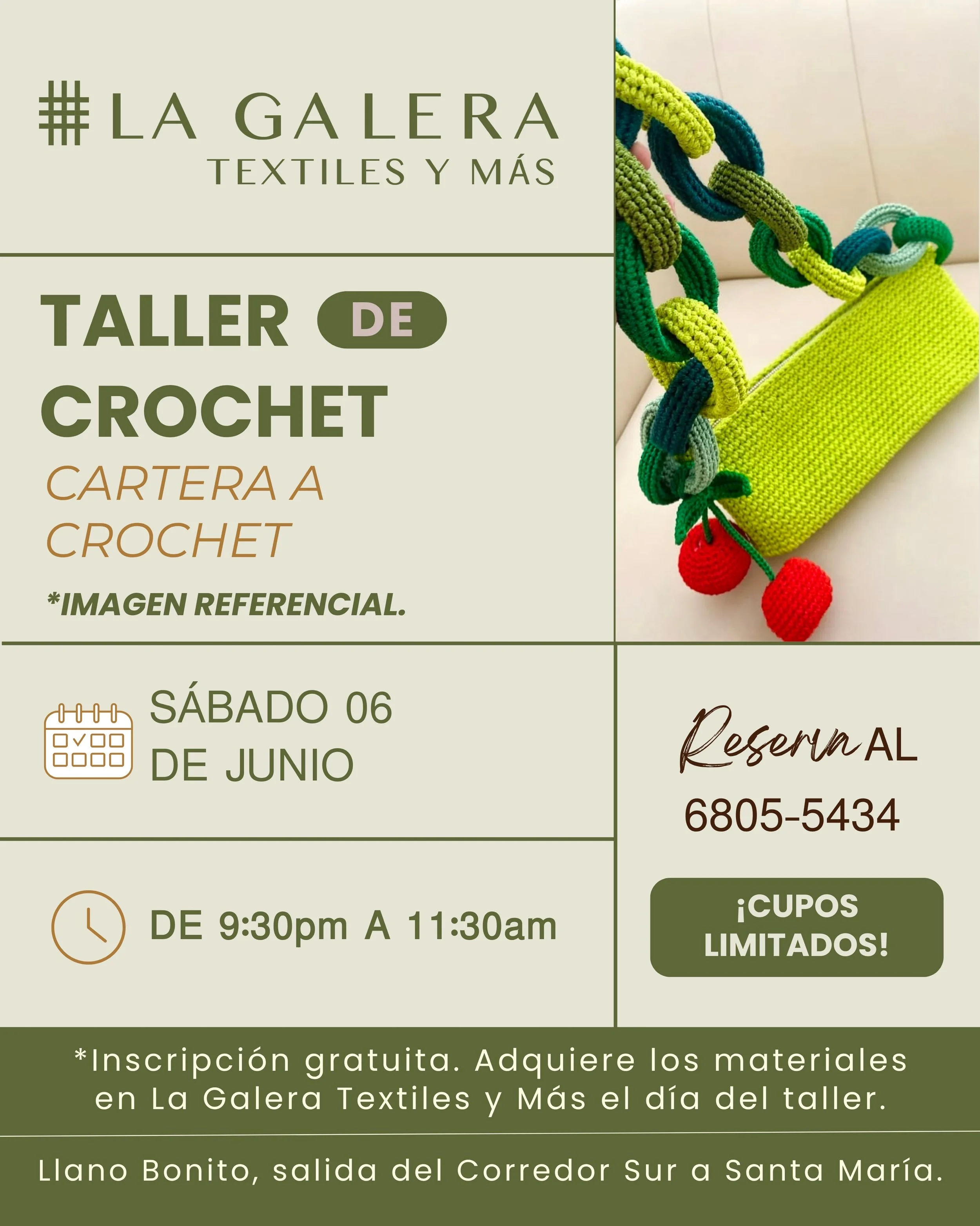 Crea una cartera &uacute;nica, moderna y llena de personalidad en nuestro pr&oacute;ximo Taller de Crochet 🧶 .

Aprende paso a paso a confeccionar esta hermosa cartera con detalles tejidos que la convierten en una pieza original y llamativa. 🍒

📅 