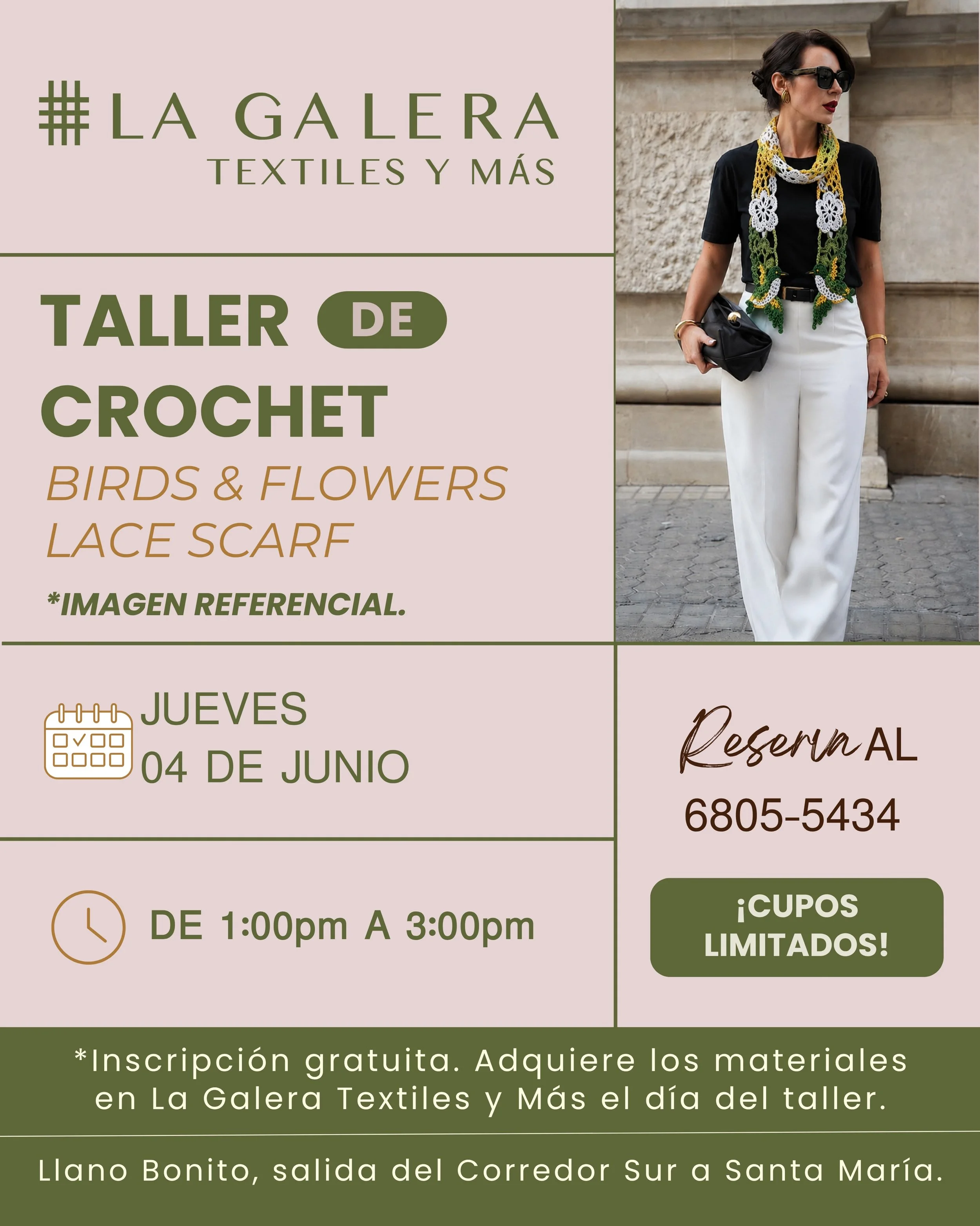 Dale vida a tus proyectos con nuestro pr&oacute;ximo Taller de Crochet 🧶 : Birds &amp; Flowers Lace Scarf.

Aprende a crear esta hermosa pieza llena de detalles y texturas en un ambiente creativo y acogedor. 🌿

📅 Jueves 04 de junio
⏰ 1:00 p.m. a 3