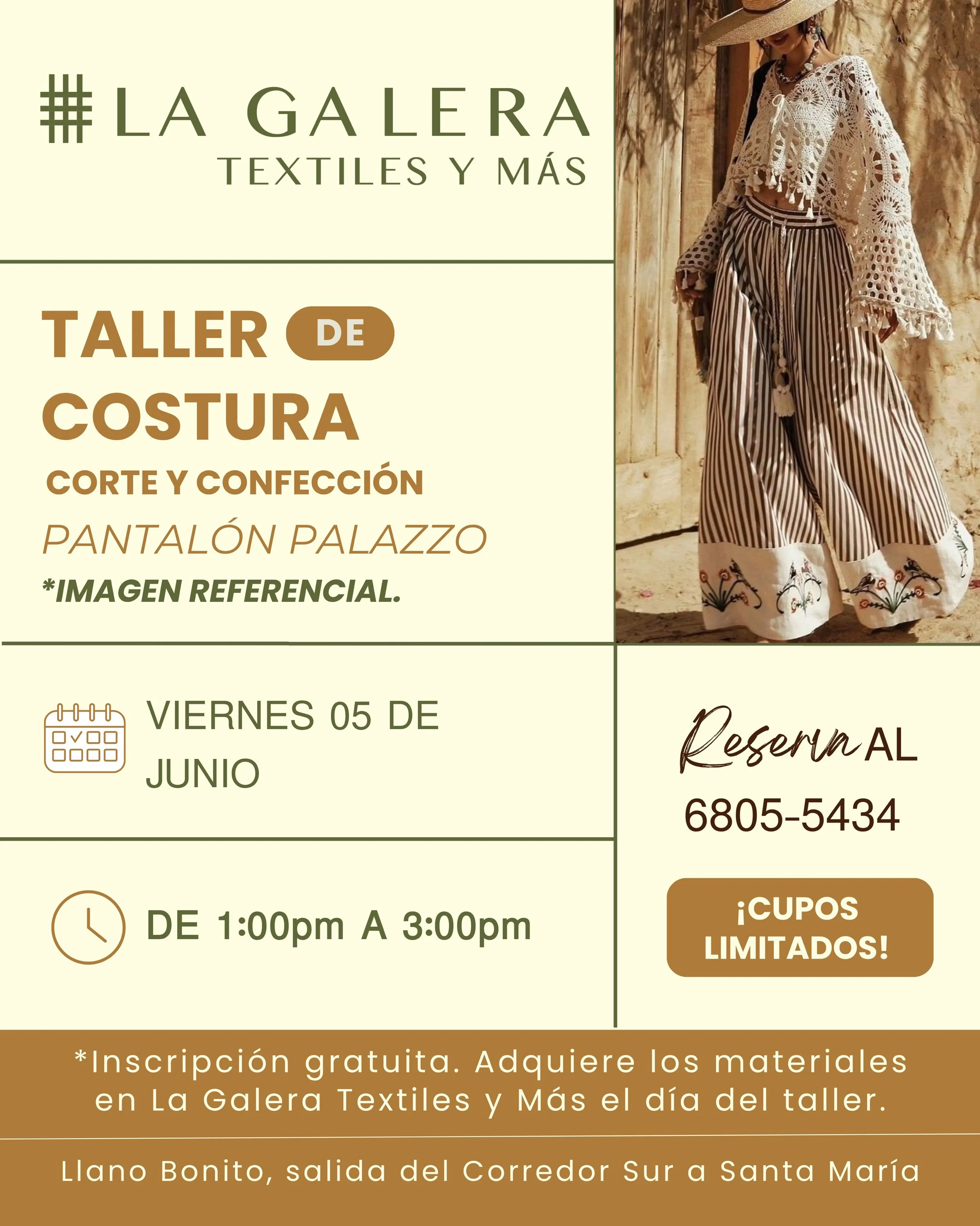 Crea tu propio pantal&oacute;n palazzo ✨ y aprende t&eacute;cnicas de corte y confecci&oacute;n en nuestro pr&oacute;ximo taller de costura.

Una oportunidad perfecta para desarrollar tus habilidades, confeccionar una pieza vers&aacute;til y darle vi