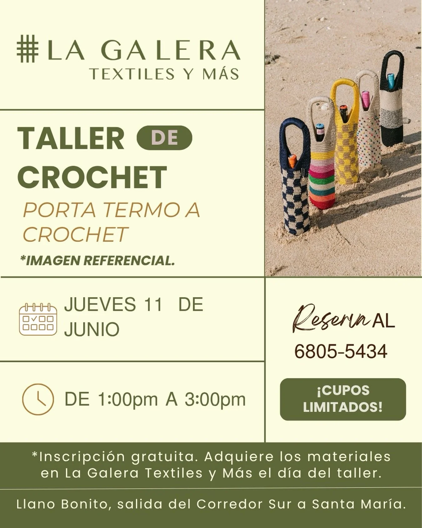 Aprende paso a paso a confeccionar un pr&aacute;ctico y hermoso porta termo tejido a crochet. Un proyecto ideal para quienes desean iniciarse en esta t&eacute;cnica o seguir desarrollando sus habilidades creativas. 💚

📅 Jueves 11 de junio
⏰ 1:00 p.