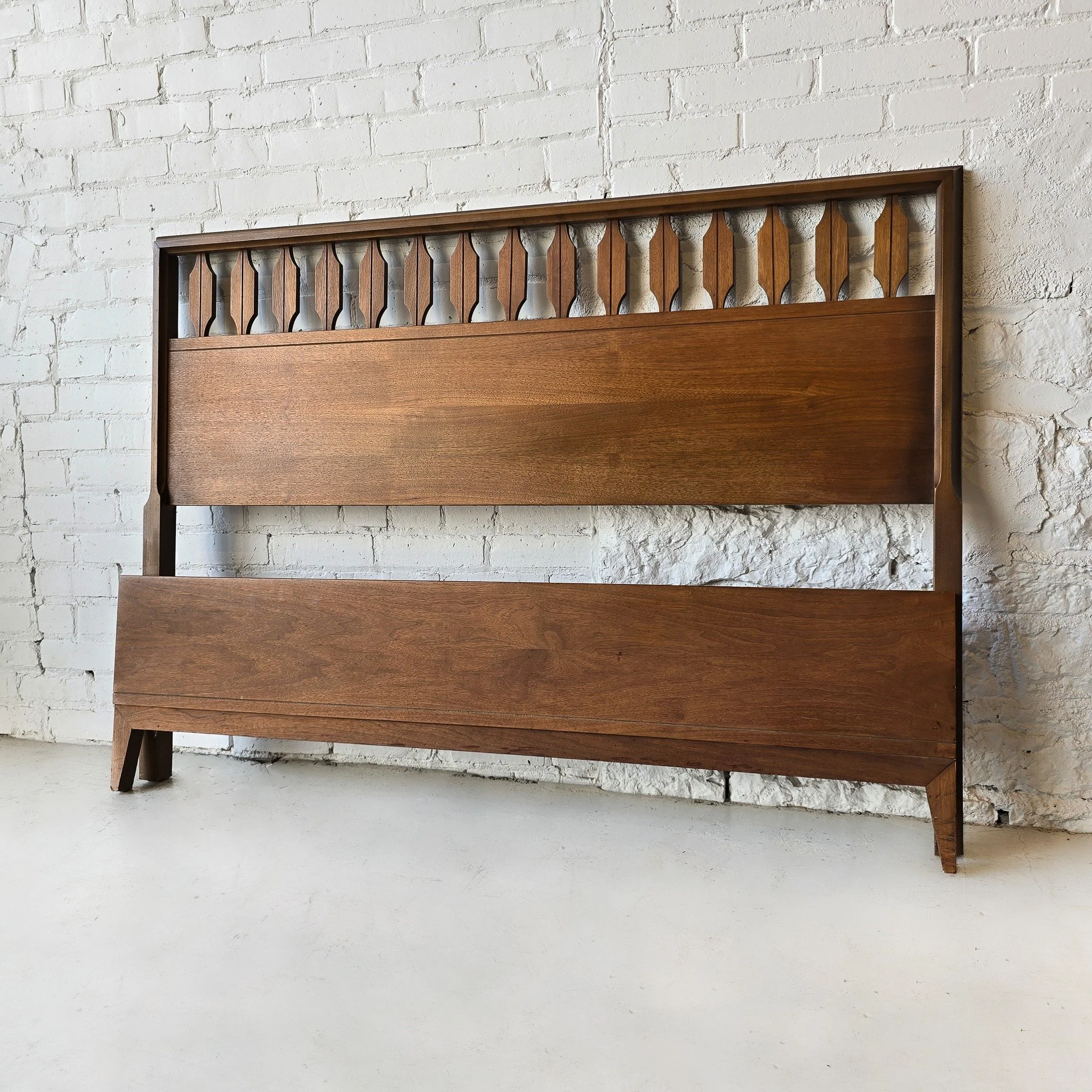 Add a tasteful touch of whimsy to your room with this heirloom headboard. Made of walnut, this full size headboard features gorgeous diamond accents. Perfect for mid-century guest room with a romantic nod to art nouveau. 
This set includes the headb