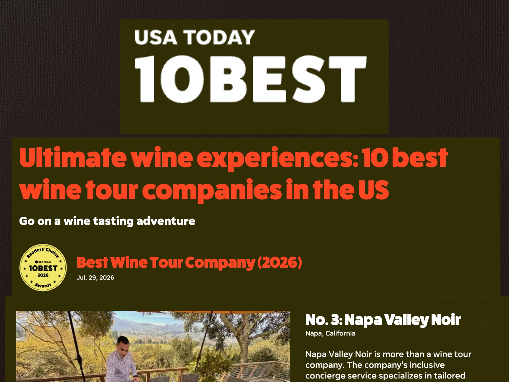Napa Valley Noir Named No. 3 Best Wine Tour Company in the U.S. by USA TODAY 10BEST