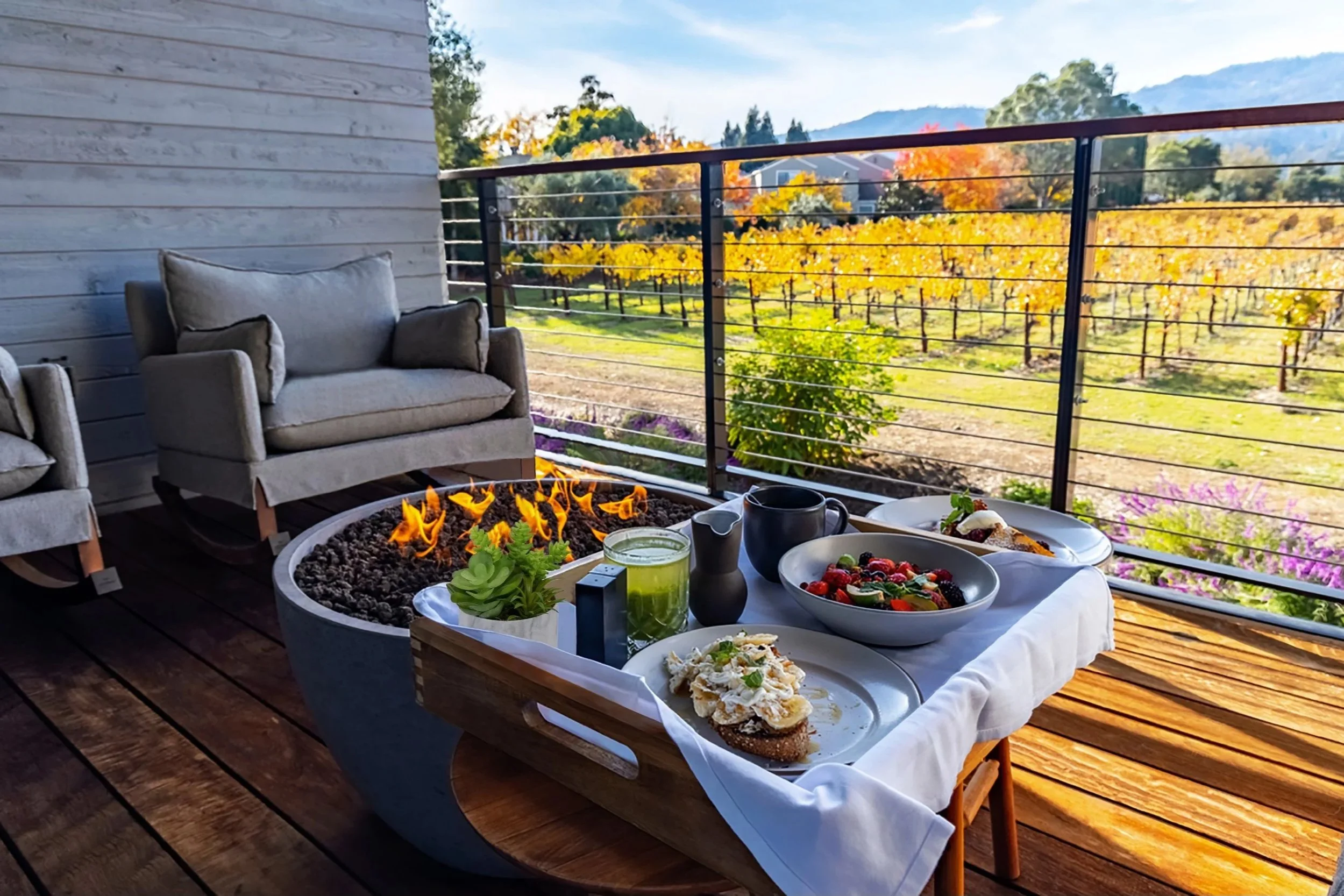 room service on a hotel terrace overlooking vineyards in Napa Valley