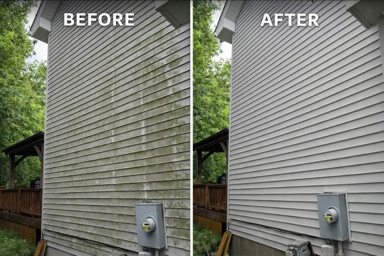 Before and after house washing service in Lansing MI showing vinyl siding cleaned by professional pressure washing company.