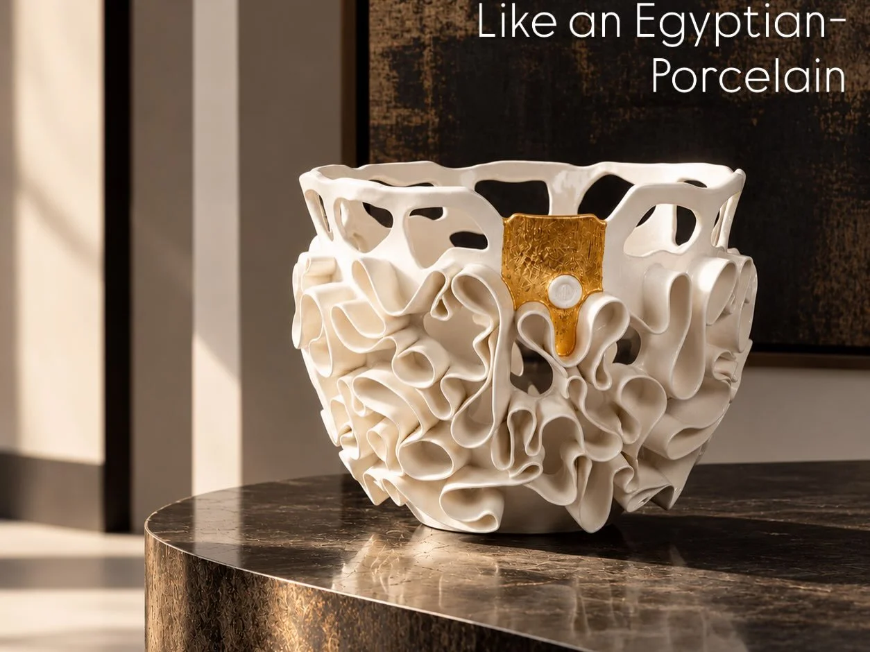 Like an Egyptian- the Sculptural Vessel Series

A white porcelain vessel of soft, rippling folds and an open, lace-like rim, with a single panel of gold leaf at its heart.

If this piece could tell a story, what would it be?

Porcelain, 23.5-carat go