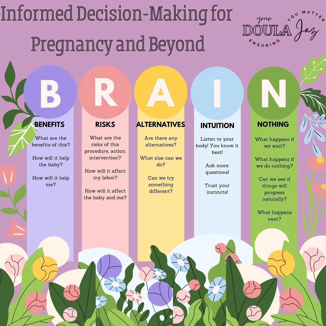 One of the biggest tools I teach my clients is B.R.A.I.N.
A simple way to slow down, ask questions, and make informed choices during pregnancy &amp; birth.
Your birth experience matters, and your voice deserves to be heard. 💜✨

#yourdoulajaz #northc