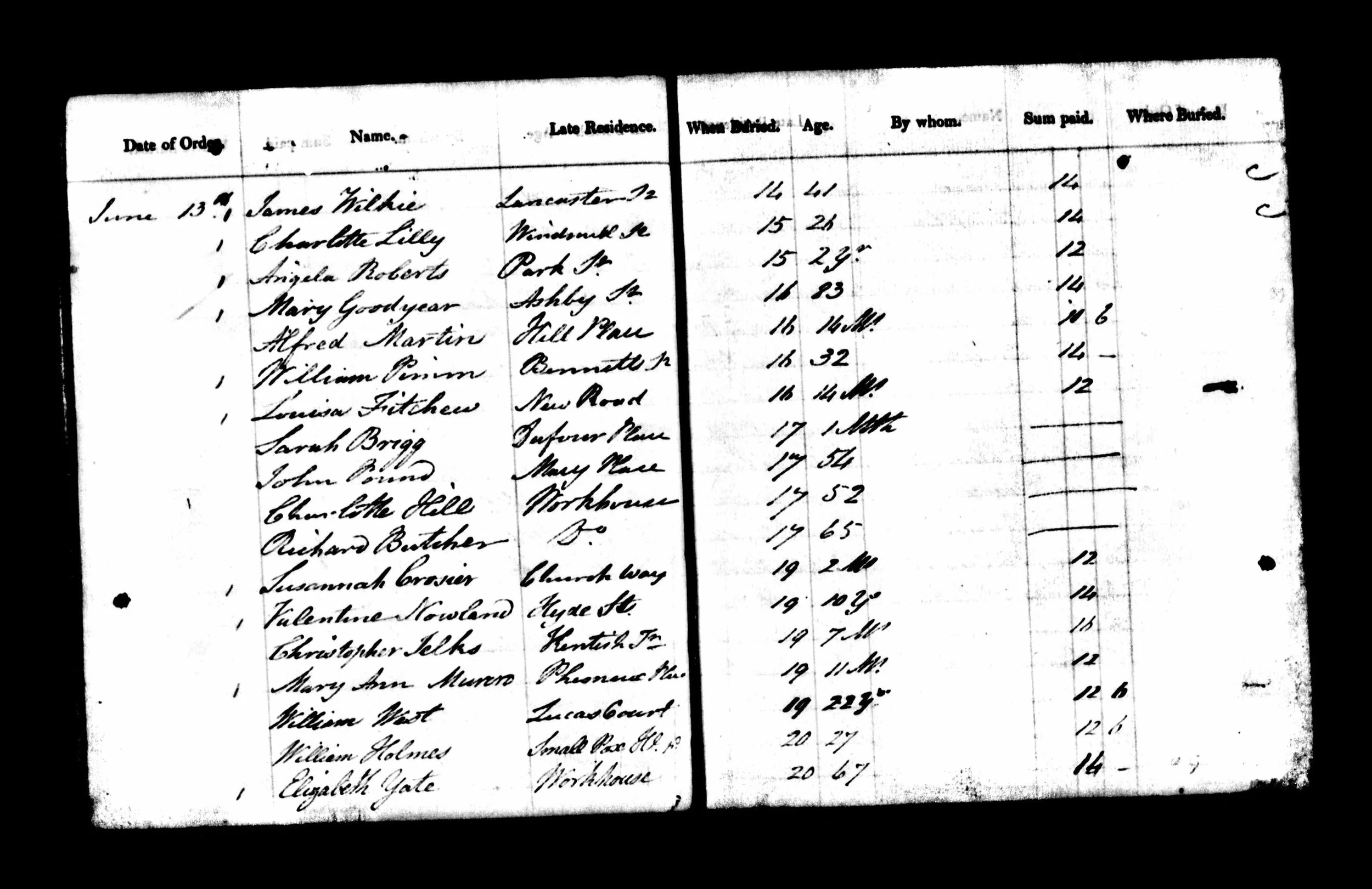 Burial register from Camden, England. First line lists James Wilkie of Lancaster who died on June 13 and was 41 years old.