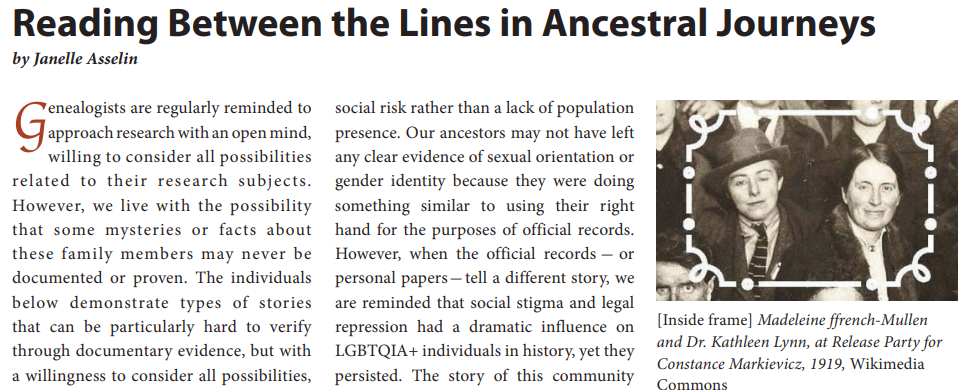 Screenshot of an article titled "Reading Between the Lines in Ancestral Journeys" by Janelle Asselin