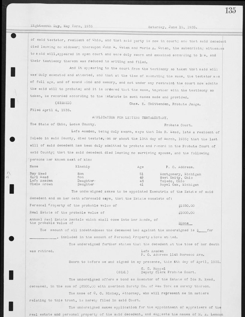 A typewritten page from Ida Mead's probate file regarding court proceedings and naming heirs