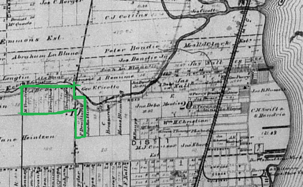 map from the Wayne County Michigan Atlas of 1893 indicating property owners with a green line drawn to indicate area of focus