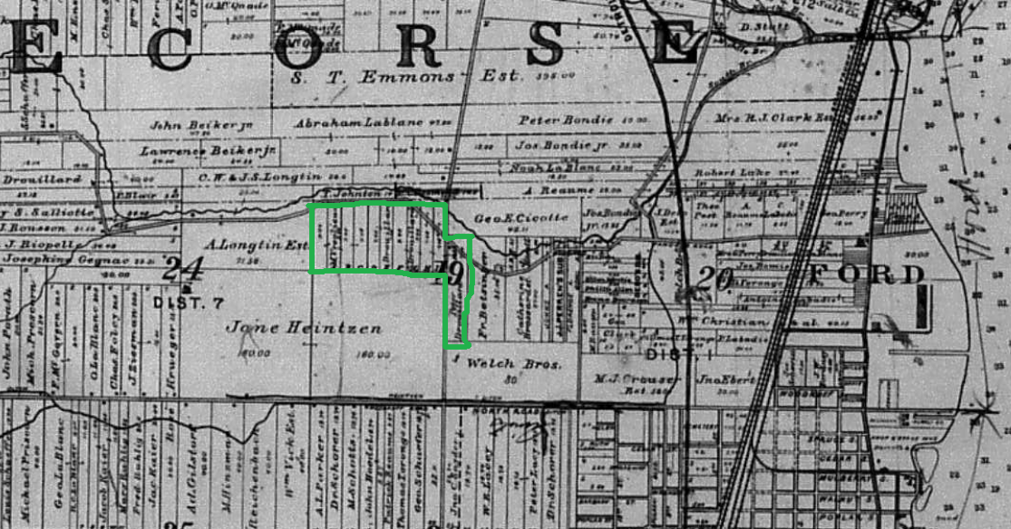 map from the Wayne County Michigan Atlas of 1904 indicating property owners with a green line drawn to indicate area of focus