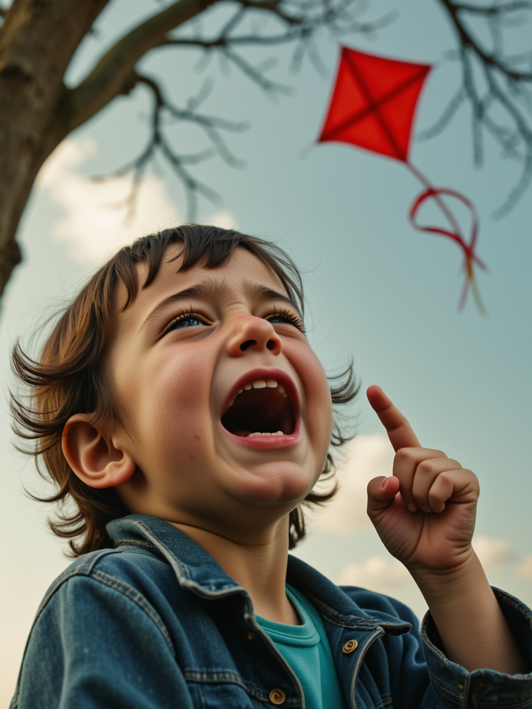 Child crying, pointing up at a kite stuck in the branches of a tree