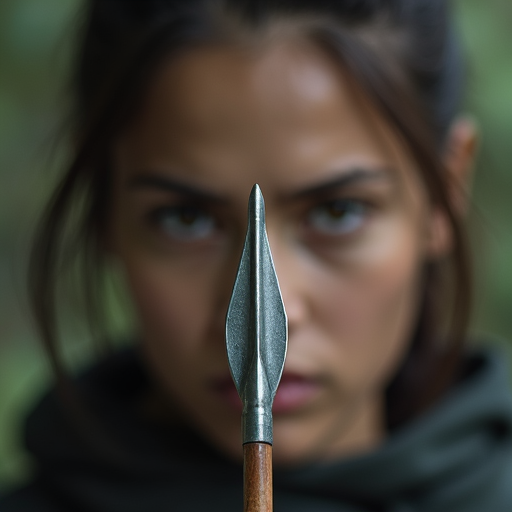 A woman stares at a spearhead