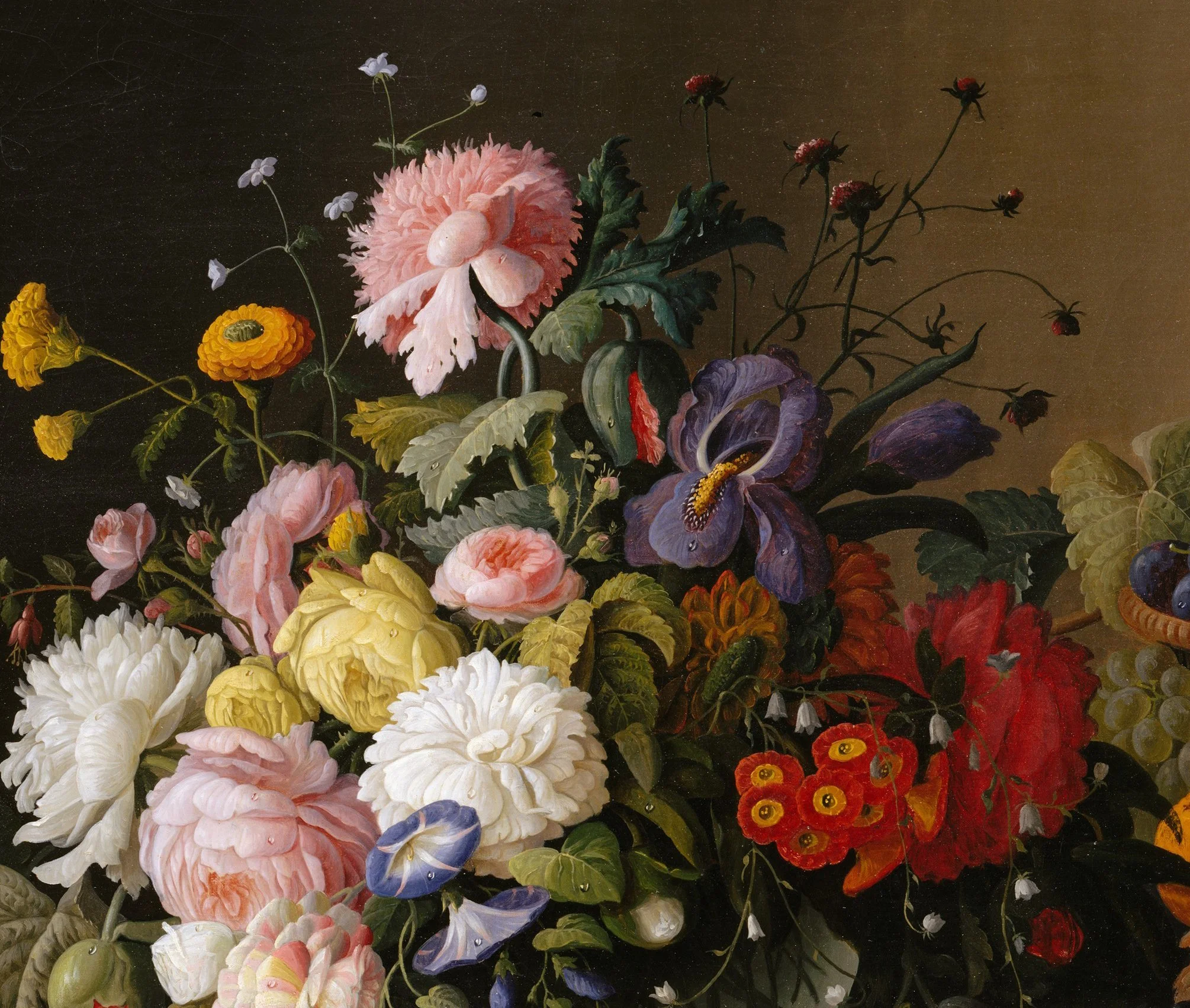 A classical still life oil painting of an arrangement of various colorful flowers on a dark background, including pink peonies, white chrysanthemums, purple irises, red poppies, yellow marigolds, and black-eyed susans.