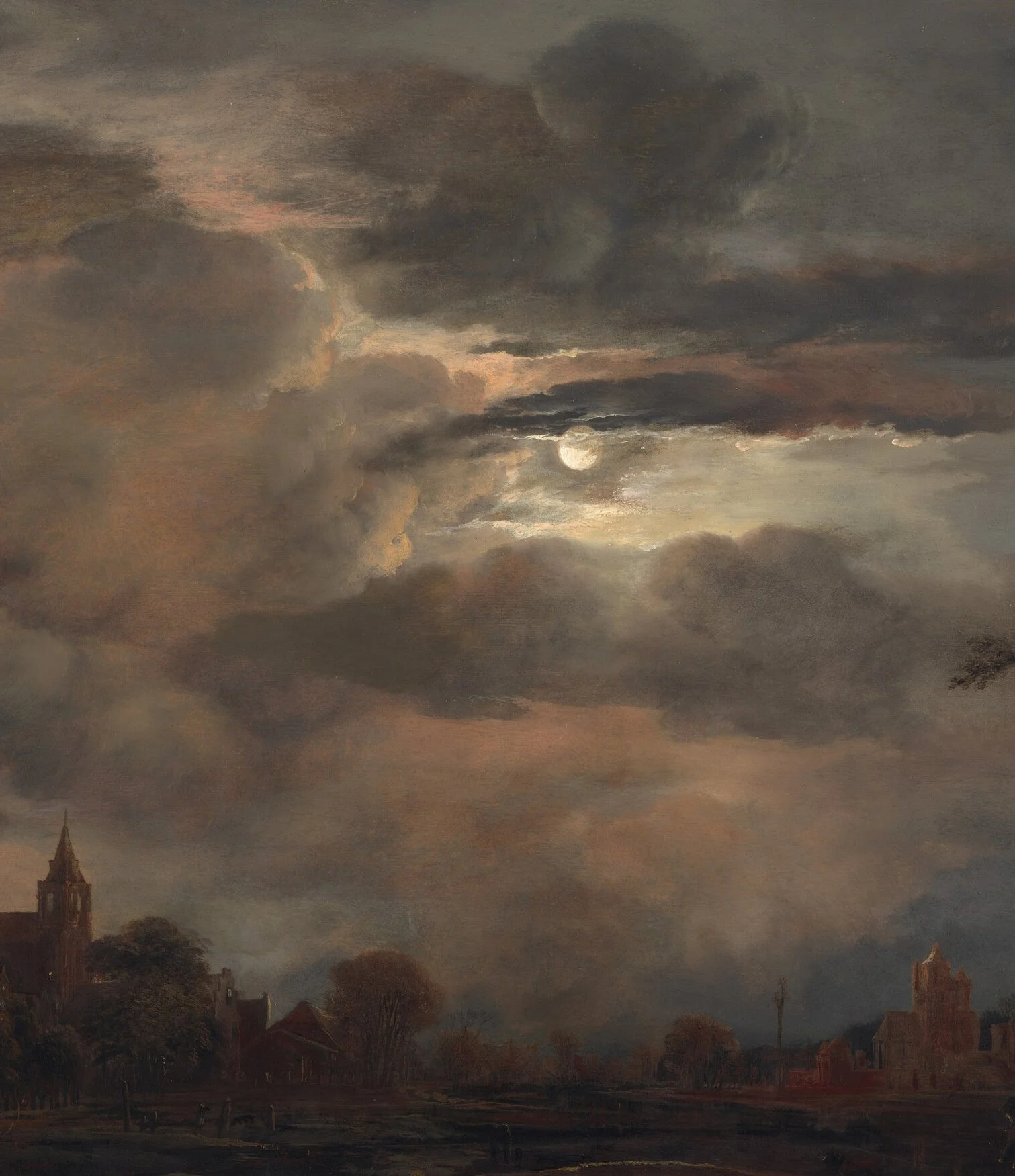 A painting of a dark, cloudy sky with a bright full moon partly obscured by clouds, over a small town with houses and trees.