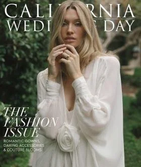 Cover of California Wedding Day magazine featuring a blonde woman in a white dress outdoors, with text about fashion and wedding themes.