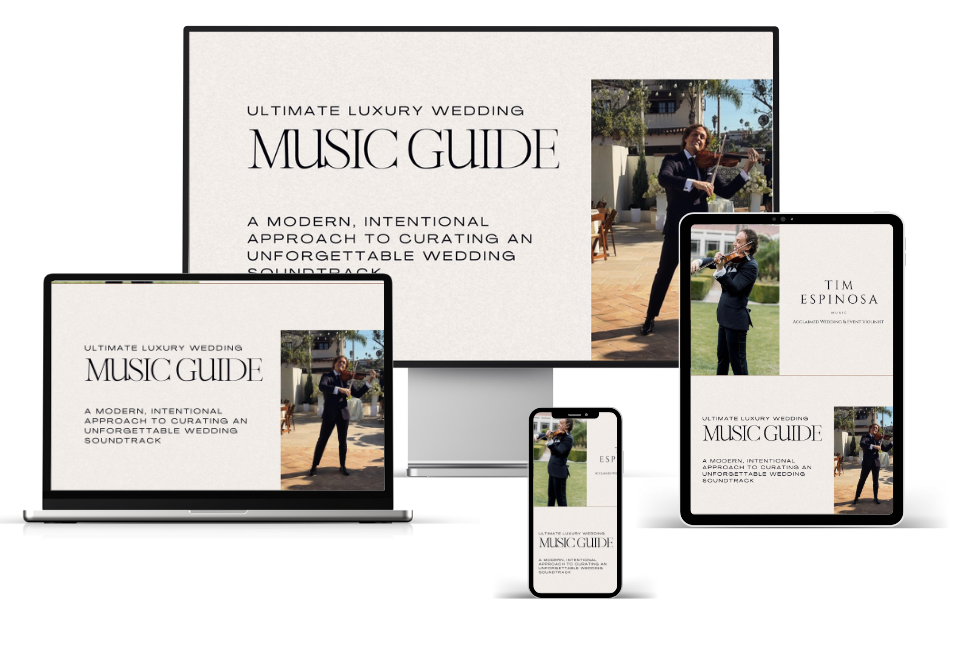 Multiple electronic devices displaying a wedding music guide with a cover photo of a violinist outdoors and text, "Ultimate Luxury Wedding Music Guide."