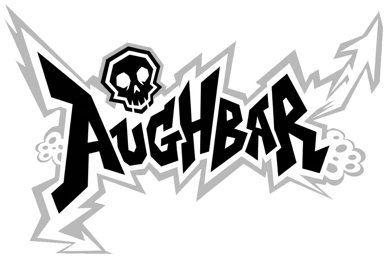 Graphic with the word "AughBash" in bold, jagged black letters with white outline, a skull icon above the text, and lightning bolt design elements.