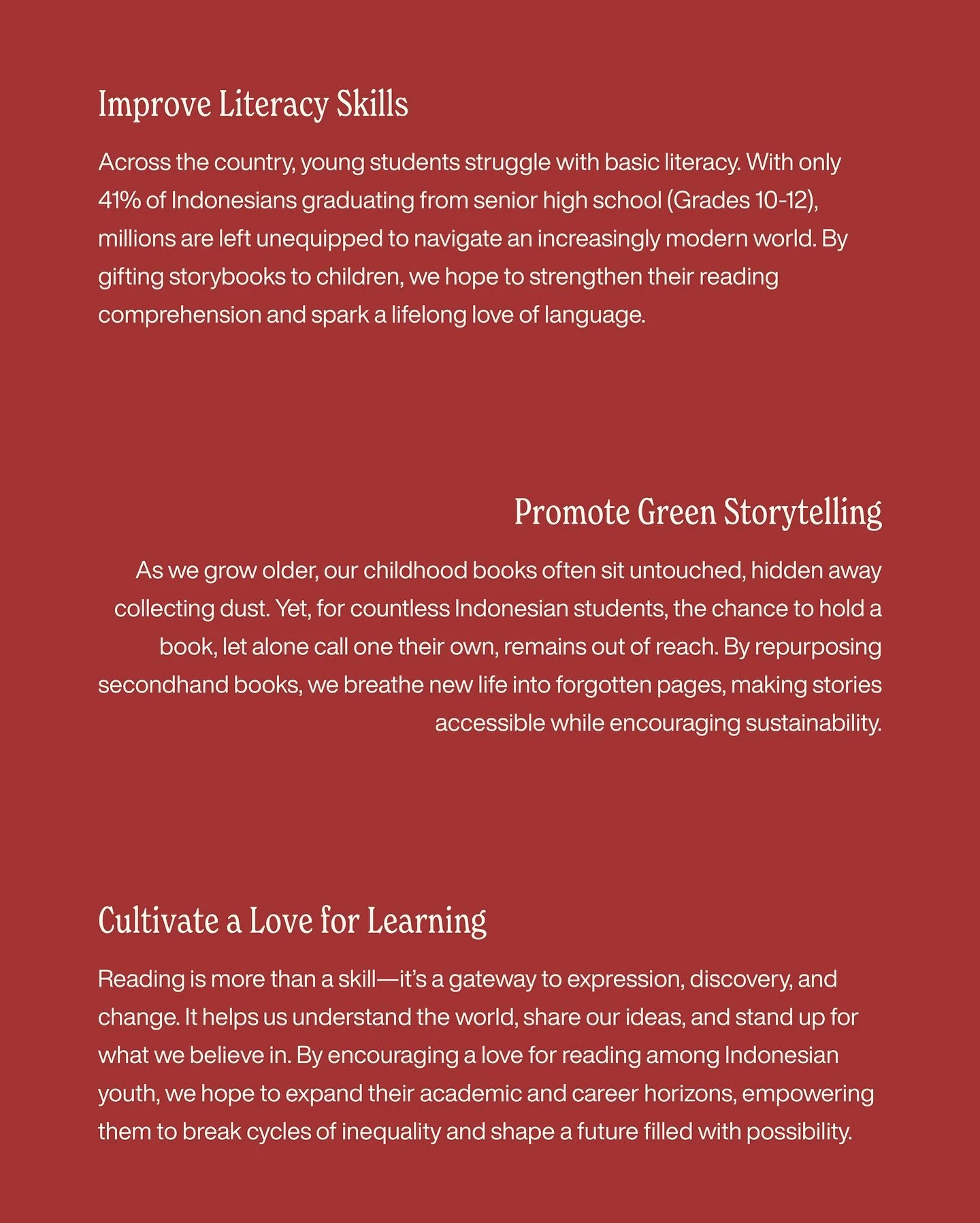 Our three main objectives at Bookdrives.id—to improve literacy skills, promote green storytelling, and cultivate a love for learning.