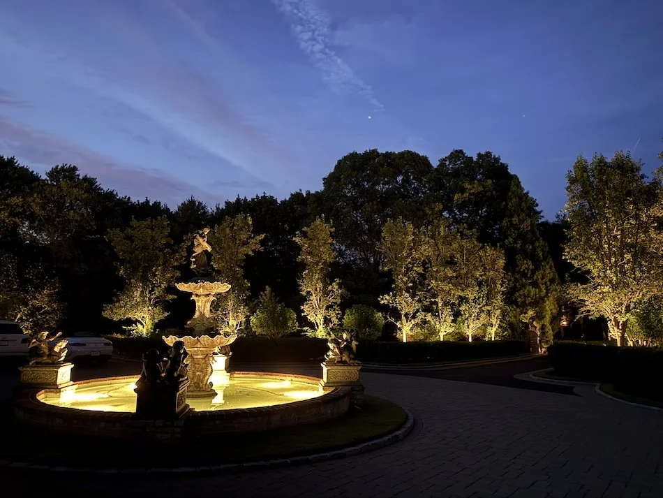 Outdoor landscape lighting in Oyster Bay NY with spotlights illuminating lined trees and a sculptural water fountain.