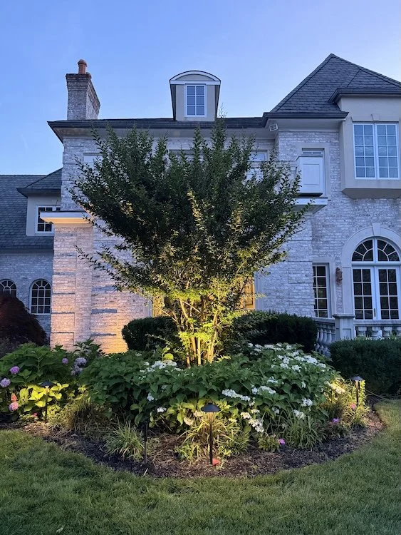 House exterior and landscape features beautifully illuminated with low voltage landscape lighting fixtures.