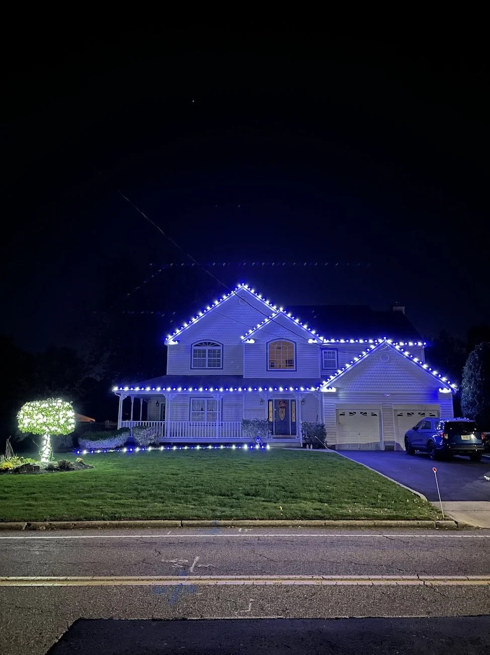 House outline and pathway illuminated with white and blue Christmas lights. A tree wrapped with mini lights.
