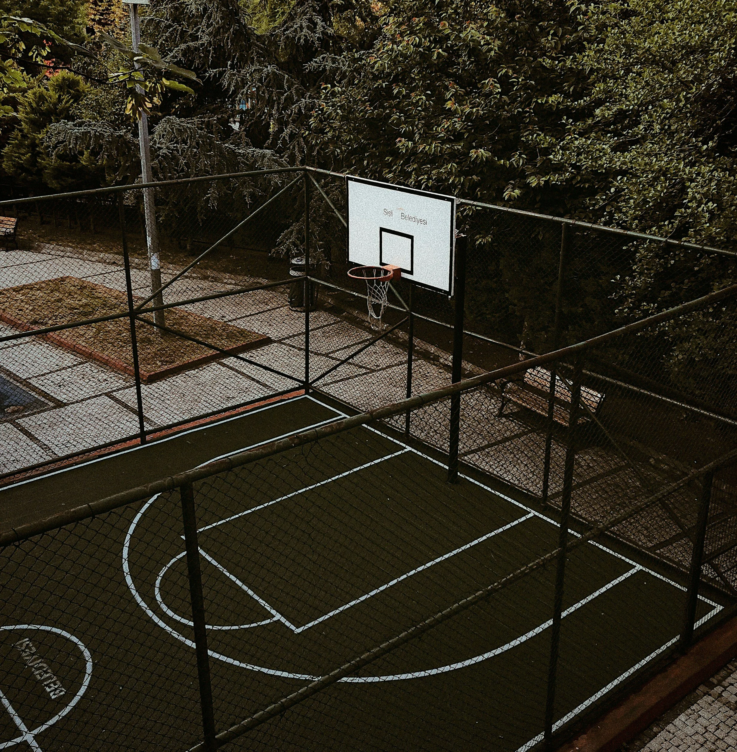 Empty outdoor basketball court enclosed by a chain-link fence, with a basketball hoop and backboard, surrounded by trees.