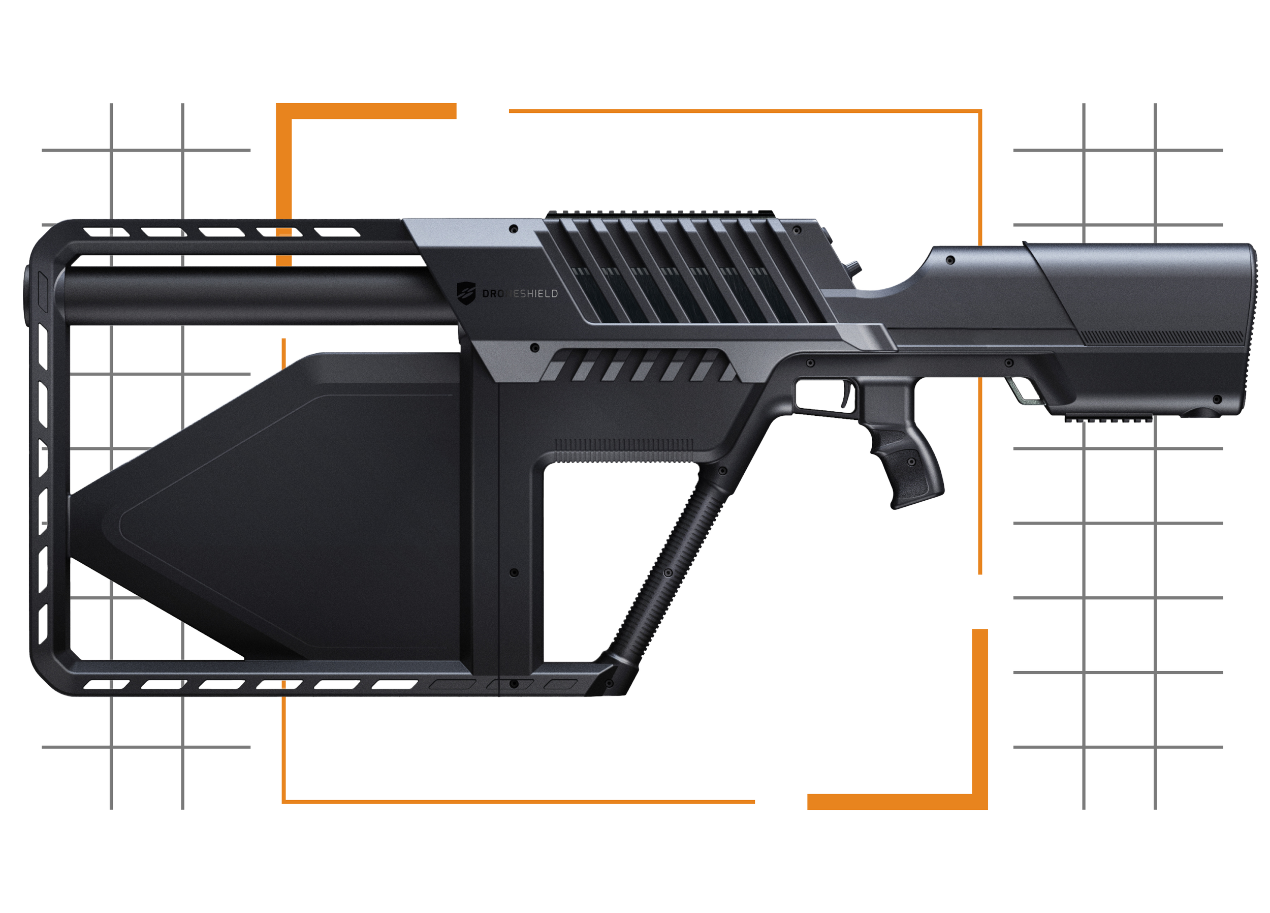 Illustration of a futuristic black rifle with a skeletal stock and side panels