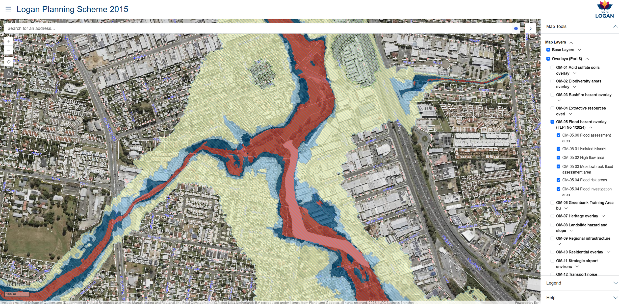 Logan City Council ePlan mapping portal showing flood overlays and planning scheme information
