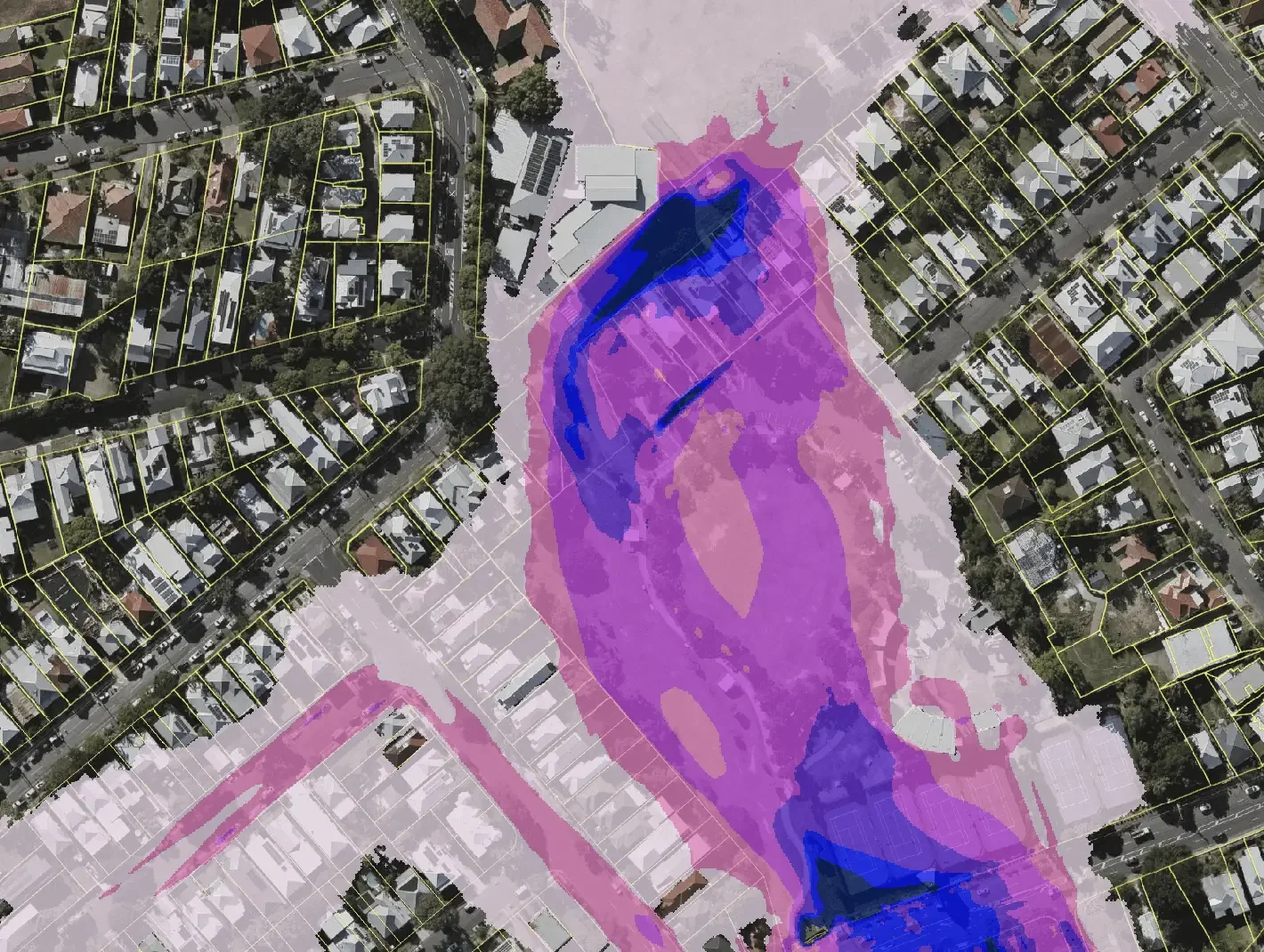 Example TUFLOW hydraulic modelling output showing simulated flood depths across a development site. These models help assess flood behaviour, support council approvals and identify potential flood impacts on proposed developments.