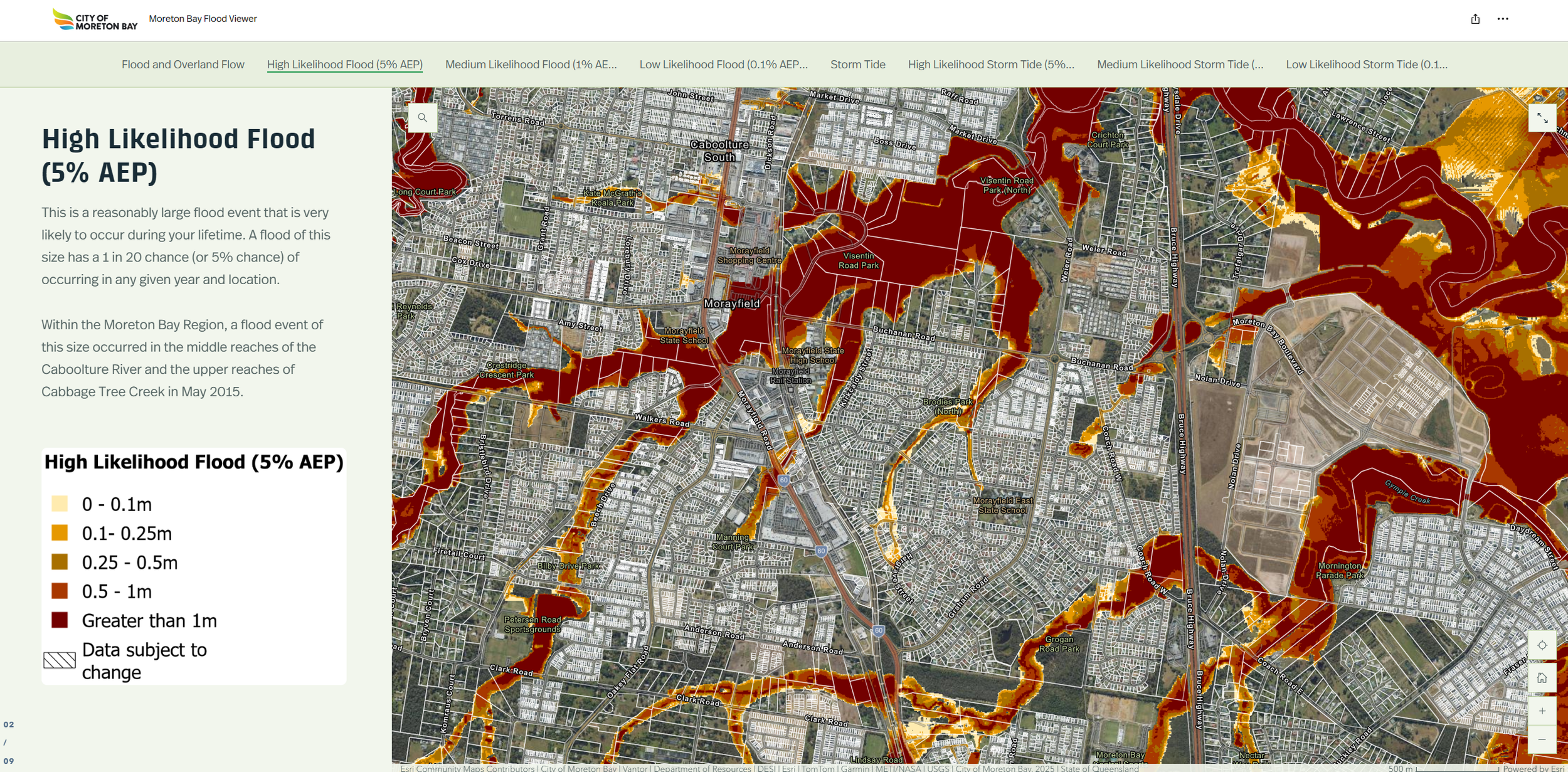 Moreton Bay Flood Viewer showing flood extents, flood depth categories and flood risk areas affecting development within Moreton Bay City Council.