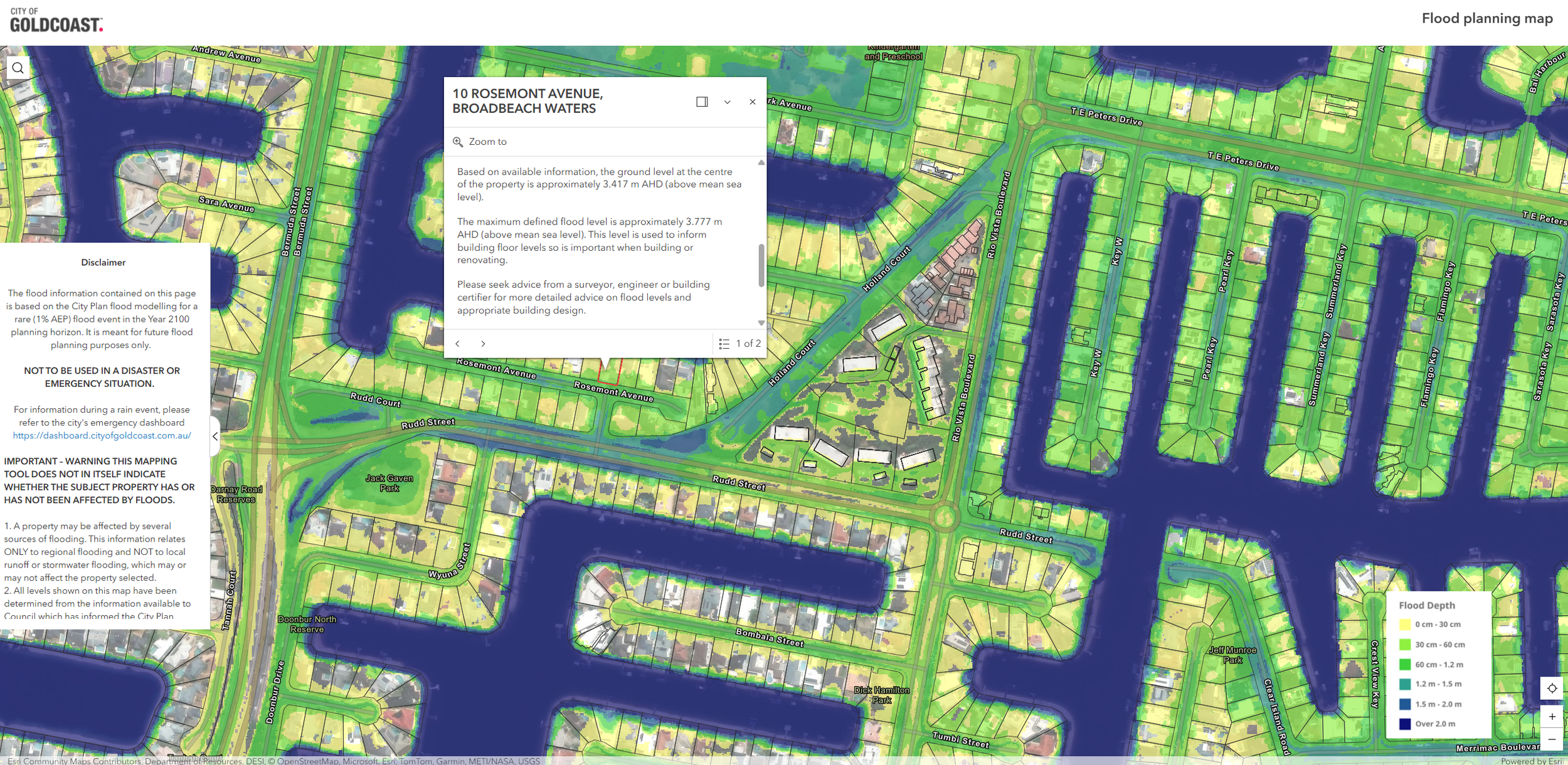 Gold Coast Flood Planning Map displaying flood planning levels and flood depth information for properties within Gold Coast City Council.