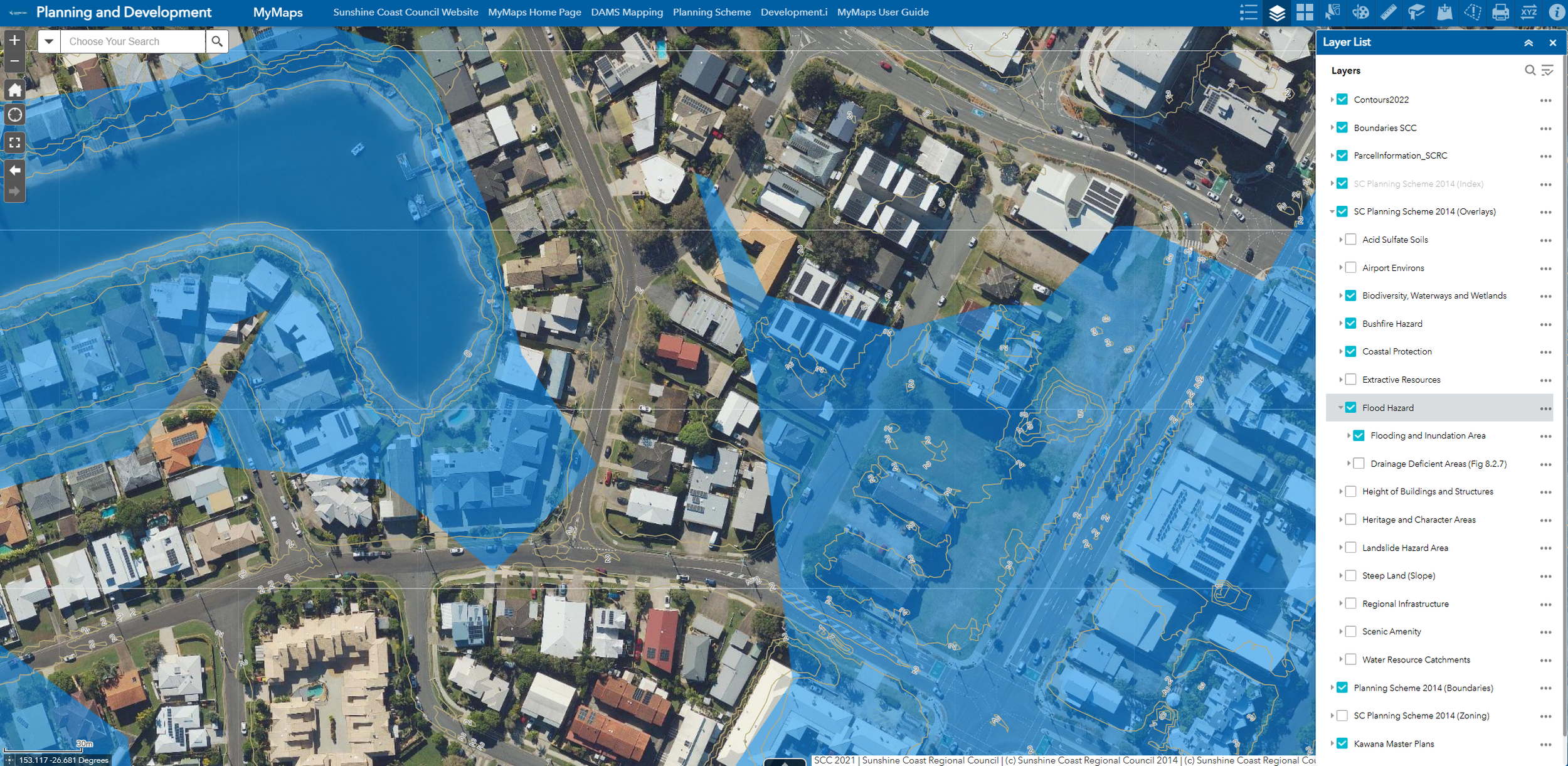 Sunshine Coast Planning Scheme interactive mapping system showing flood hazard overlays, flood affected areas and planning scheme information within Sunshine Coast Council.