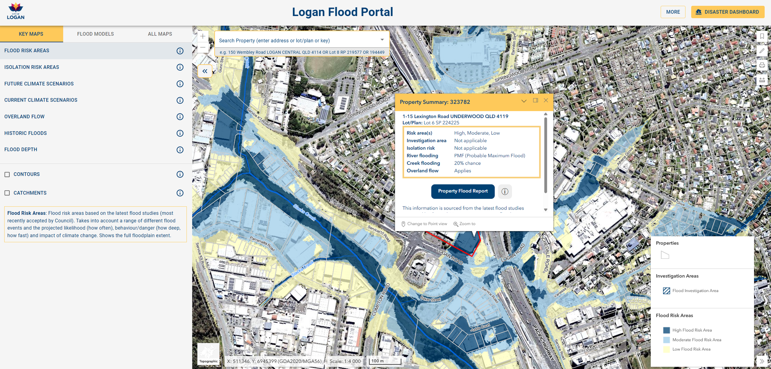 Logan City Council Flood Portal displaying flood risk areas, overland flow mapping and property flood information