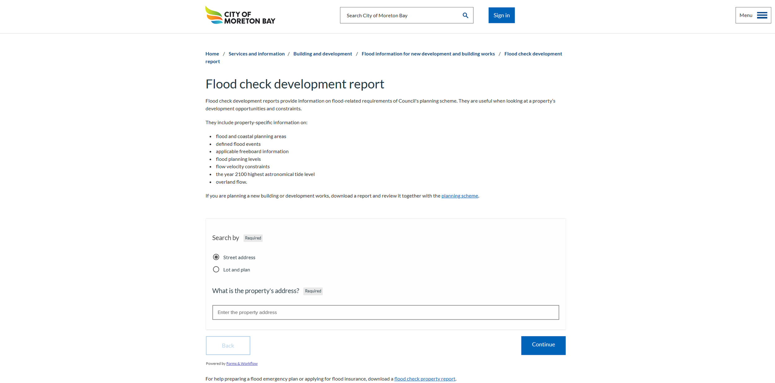 Moreton Bay Flood Check Development Report search page showing property flood information, flood planning requirements and development constraints within Moreton Bay City Council.