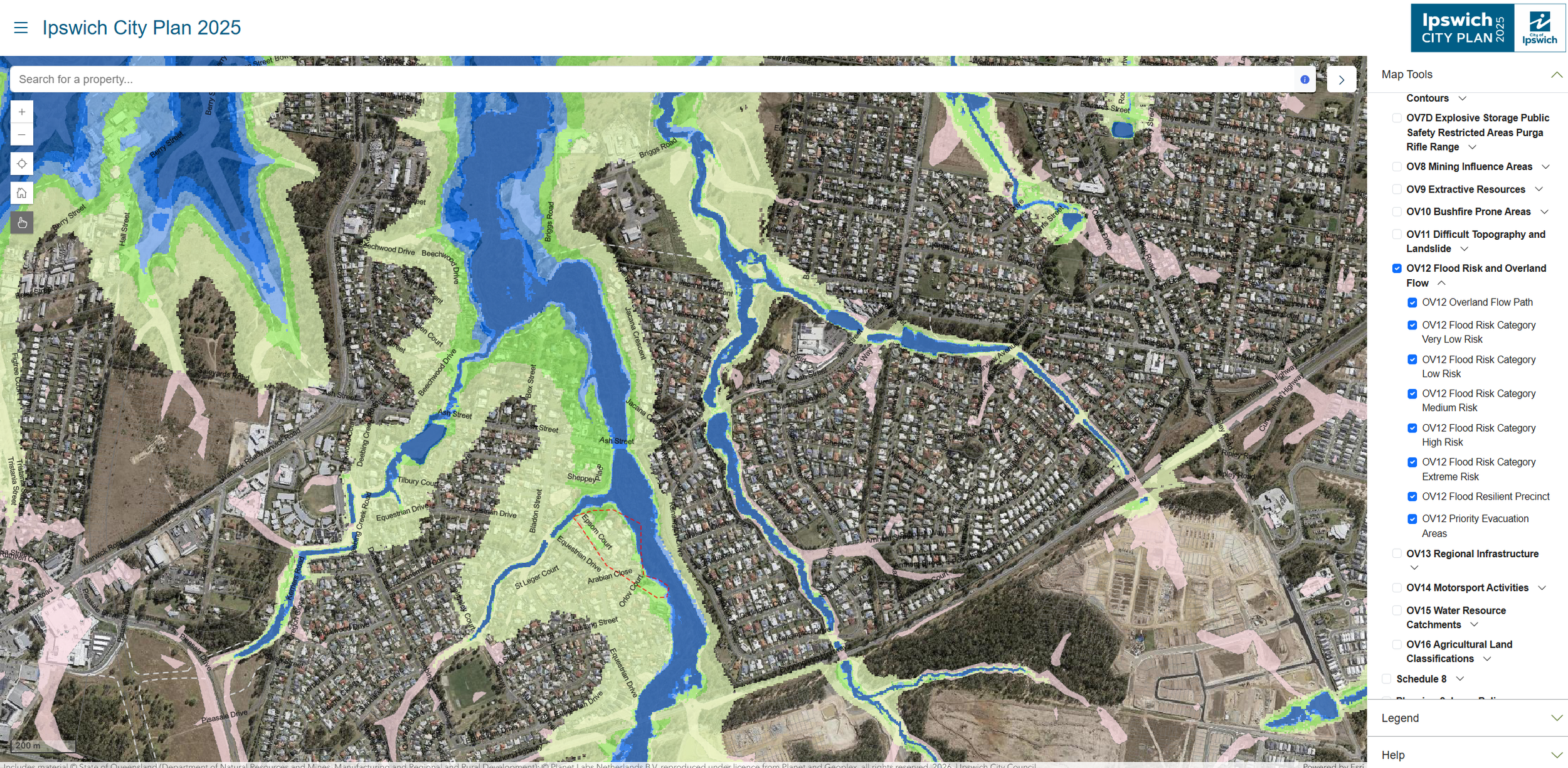 Ipswich City Plan interactive mapping system displaying flood overlay areas and overland flow paths affecting development within Ipswich City Council.